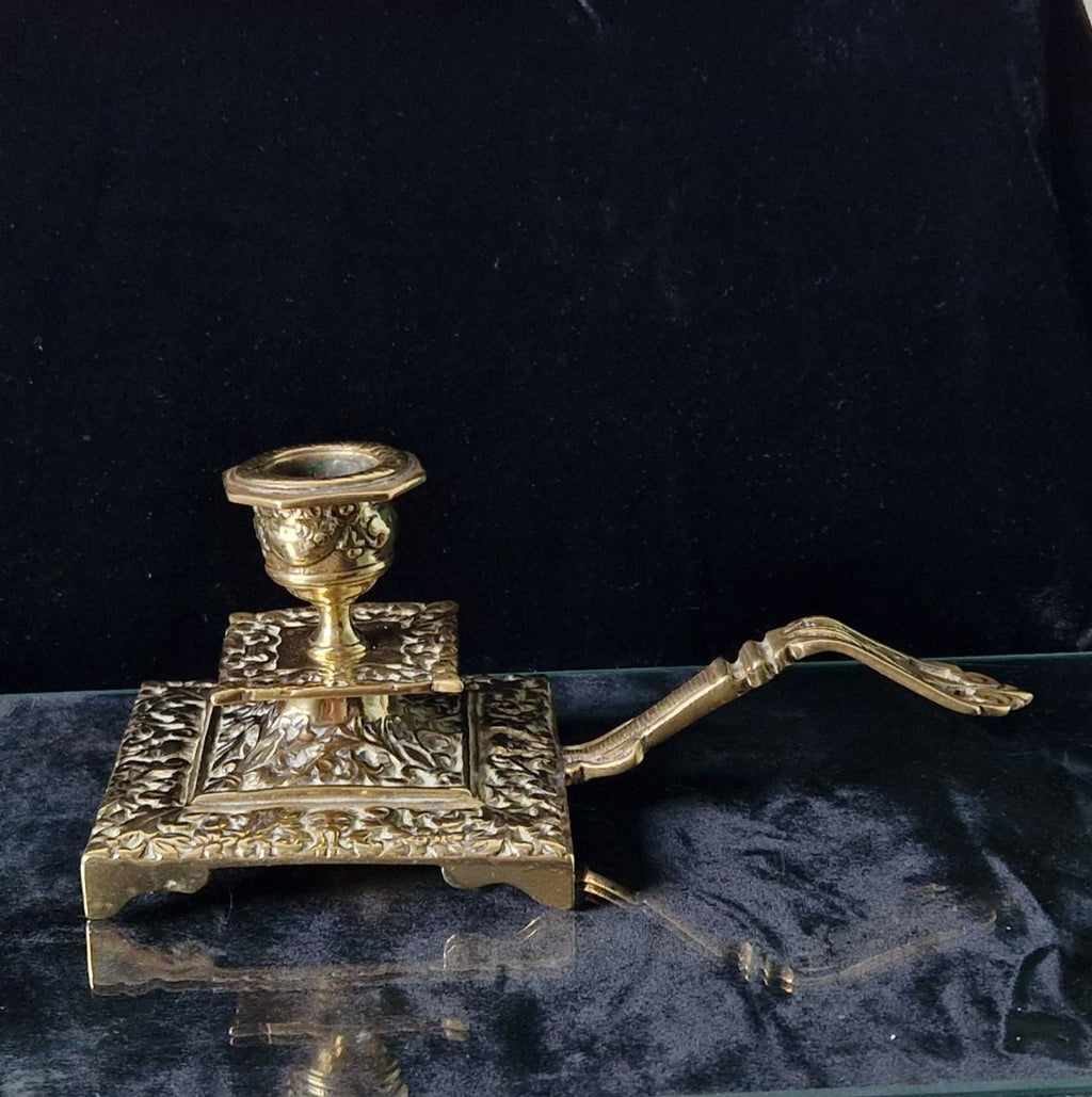 Fine French Antique Rococo Solid Brass Square Tiered Footed Chamberstick