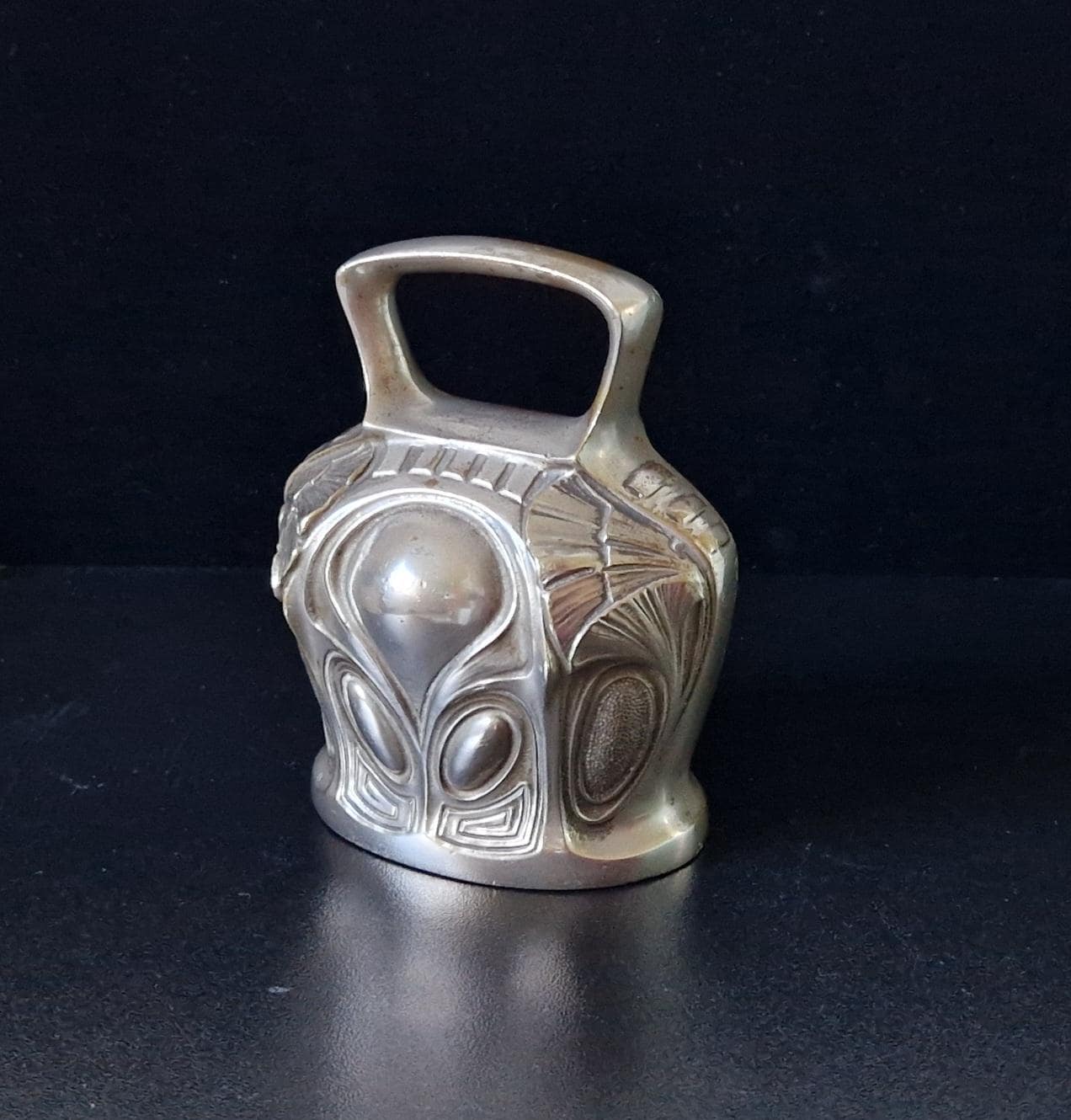 Antique Art Nouveau Silvered Bronze Large Ornate Decorated Table Bell