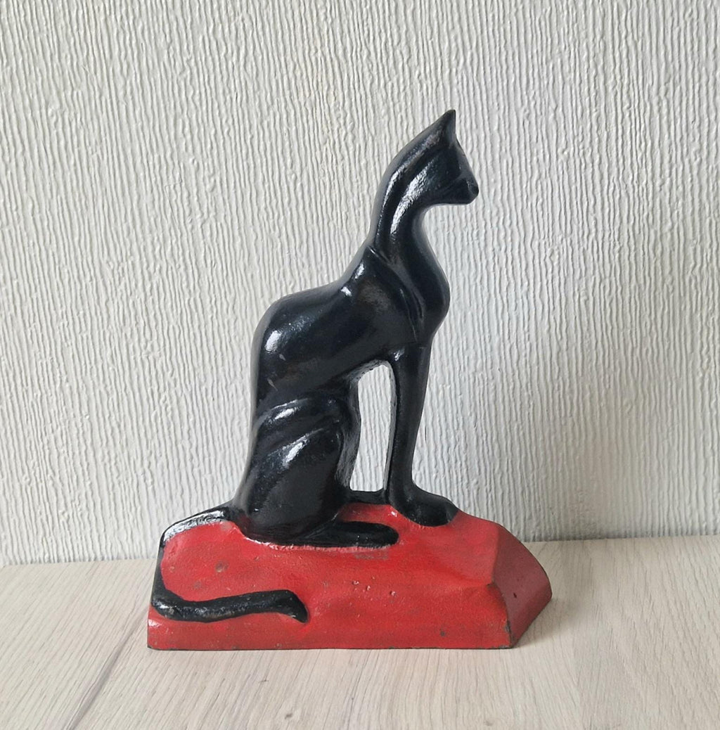 Antique Rare Cast Iron Art Deco Black Sitting Cat Doorstop
