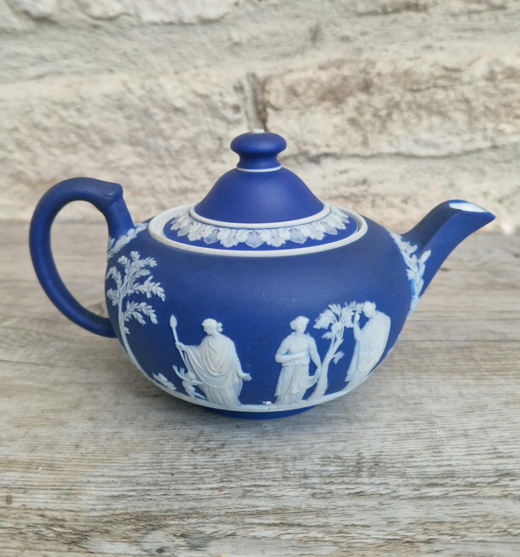 Antique Wedgwood Neoclassical Cobalt Blue Dipped Jasperware Bachelor Teapot Rare Size