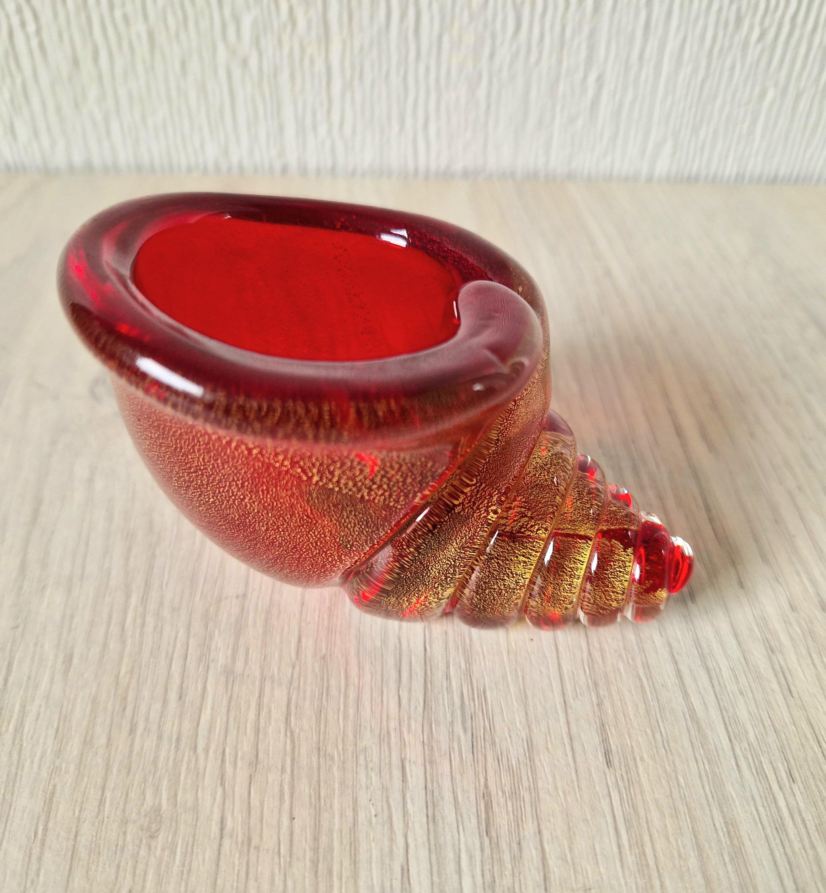 Vintage Archimede Seguso Red & Gold Flake Murano Art Glass Conch Shell Ornament 1950's