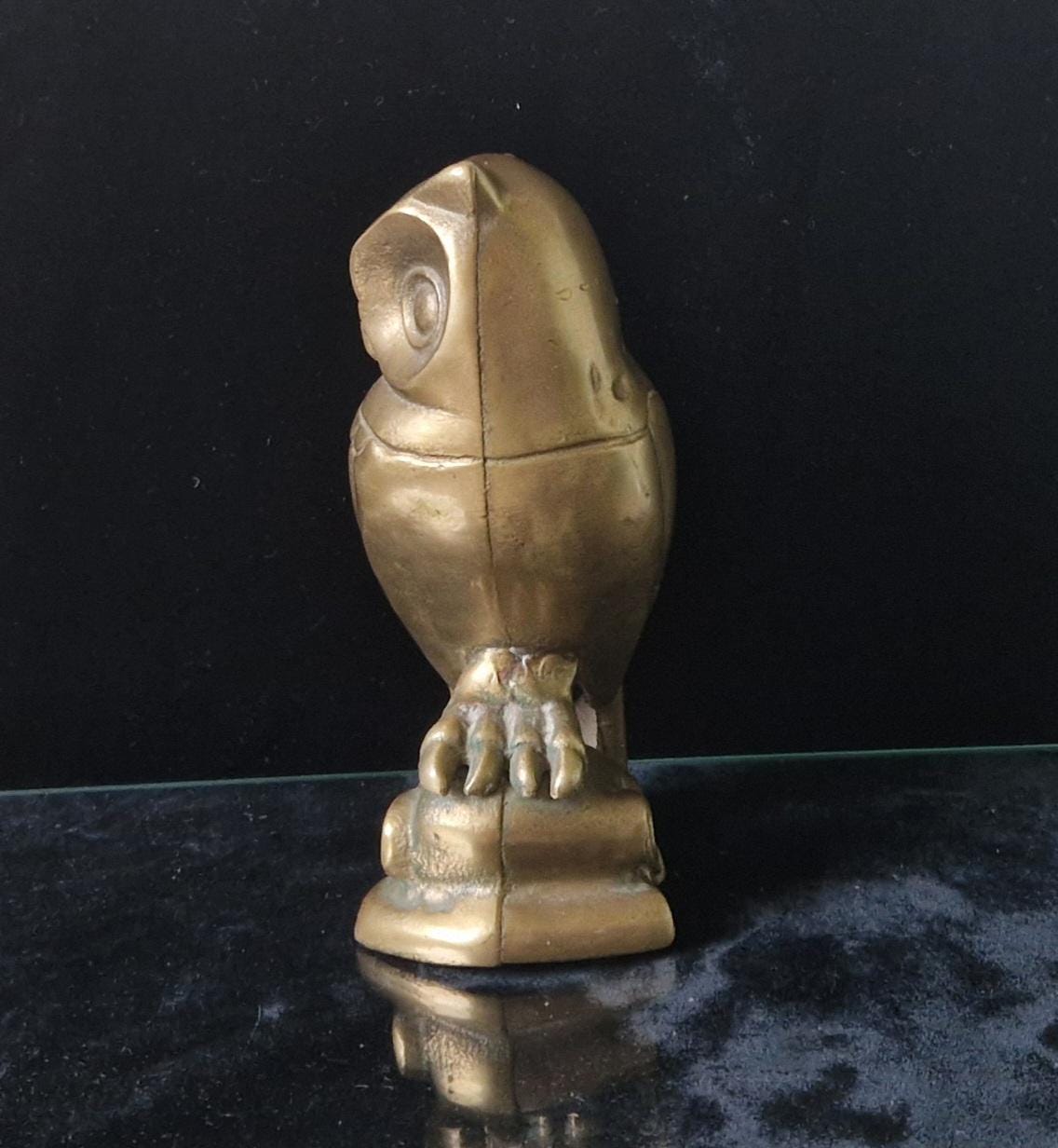 Vintage Heavy Mcm Cast Brass Owl Figure Ornament Scandi Style 16cm Tall Unpolished