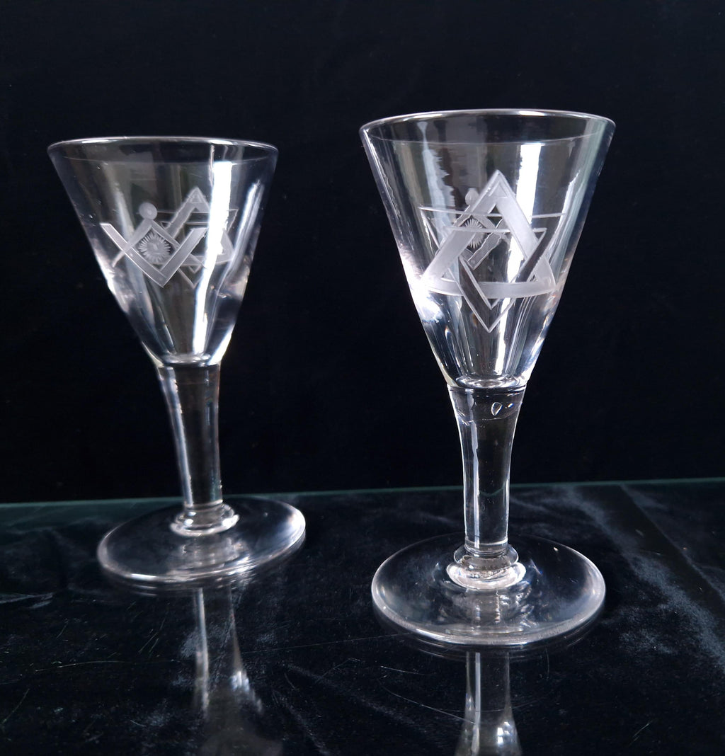 Antique Masonic Port Wine Glasses: 19th Century Engraved Crystal Pair