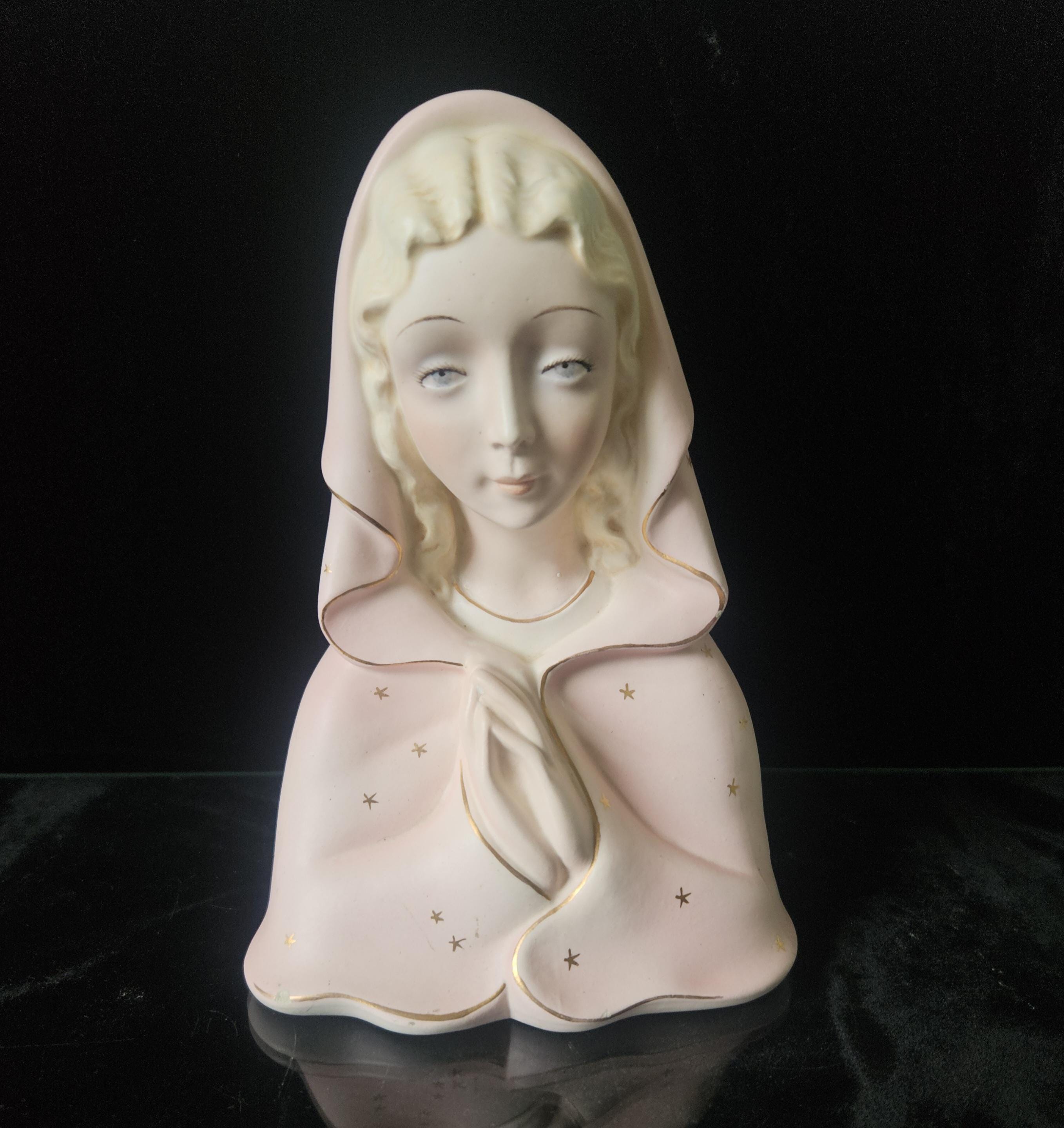 Vintage Virgin Mary Praying Madonna Figure Italian Porcelain Ornament Pink & Gold (17cm) Religous Gift