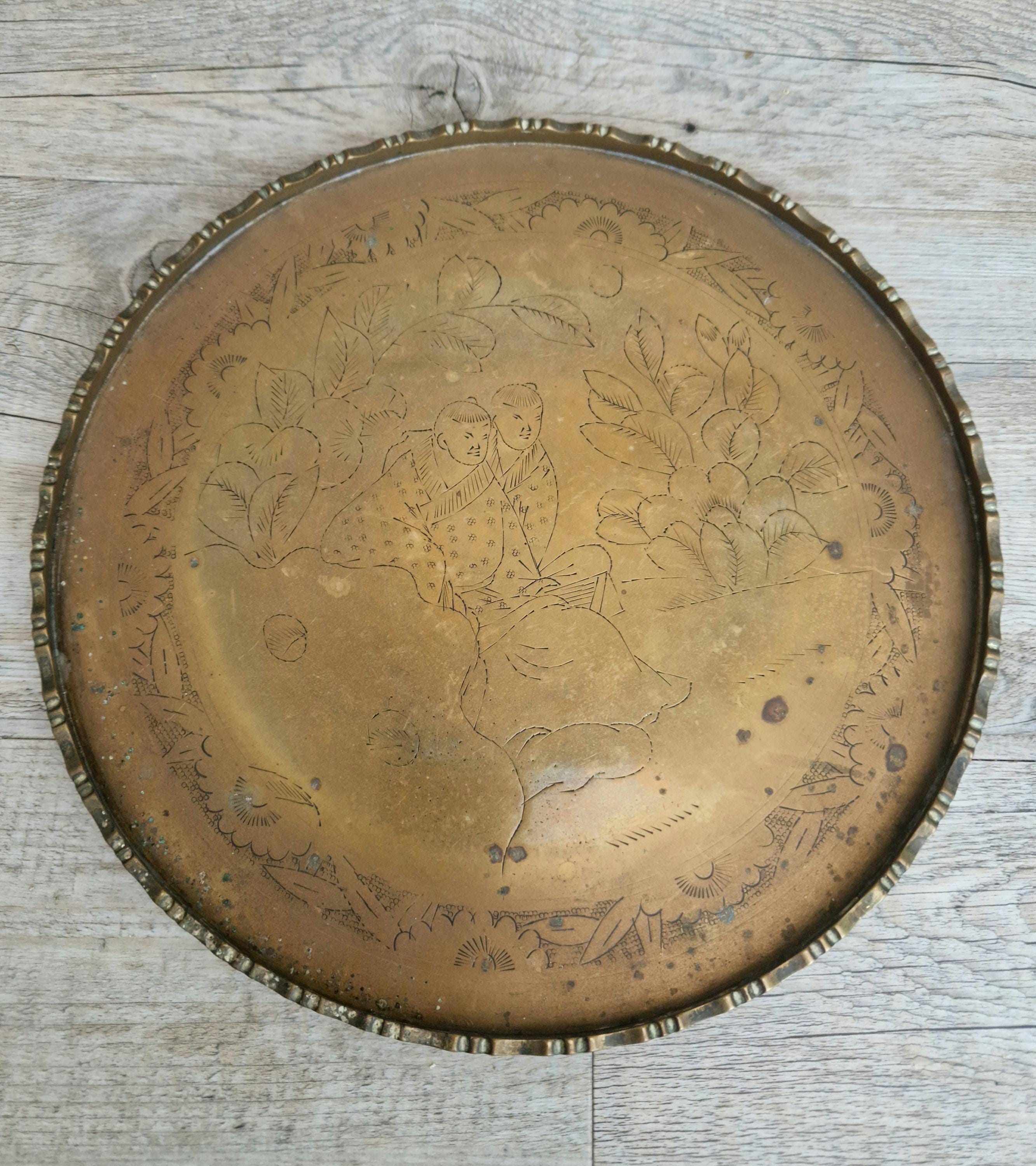 Antique Chinese Engraved Brass Round Opium Tray c1900 27.5cm