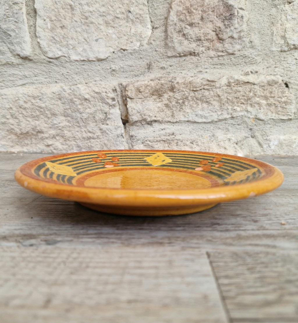 Vintage French Rustic BIOT Ceramic Concentric Circles Motif Yellow Glaze Dessert Plate