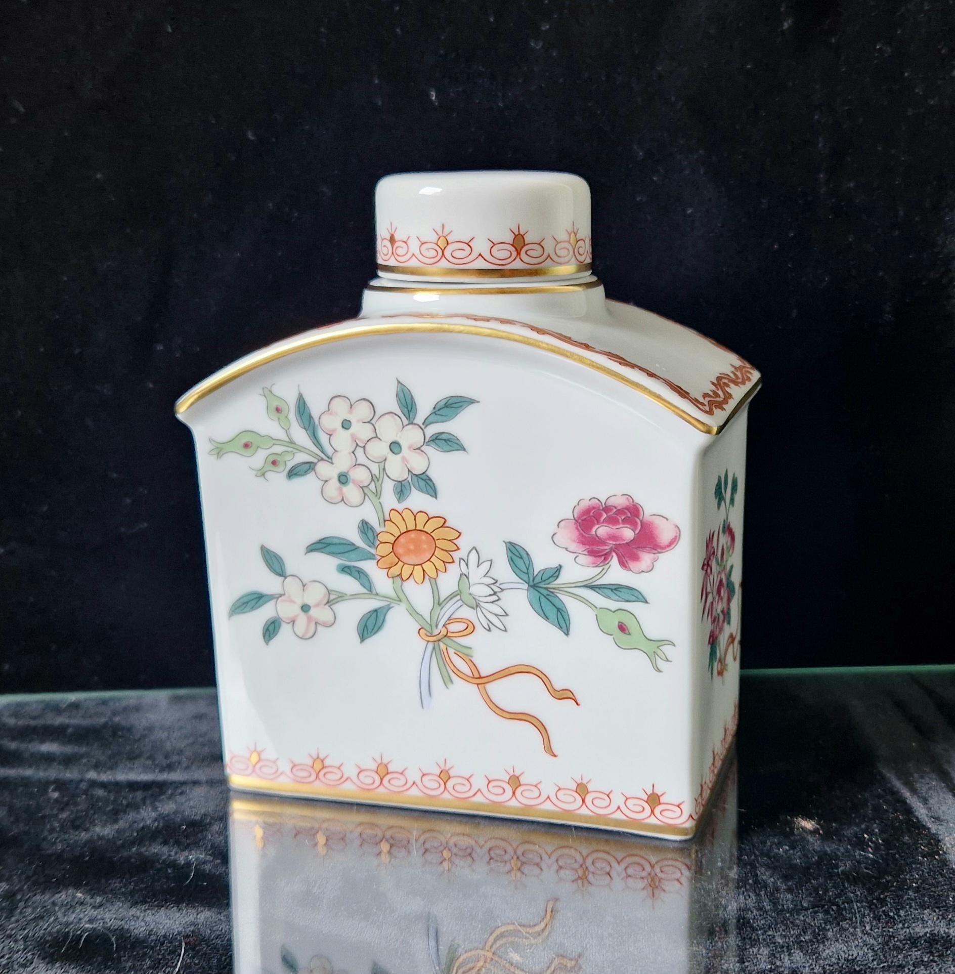 Vintage Vista Alegre Ceramic Tea Caddy Lidded Jar Floral Pattern With Gold Detail