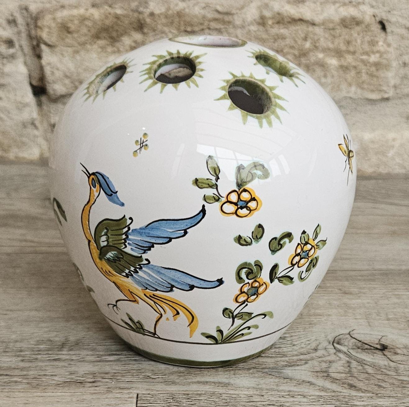 Vintage Faïence Small Flower Vase with Bird Detail Ceramic France Lallier Moustiers Vgc