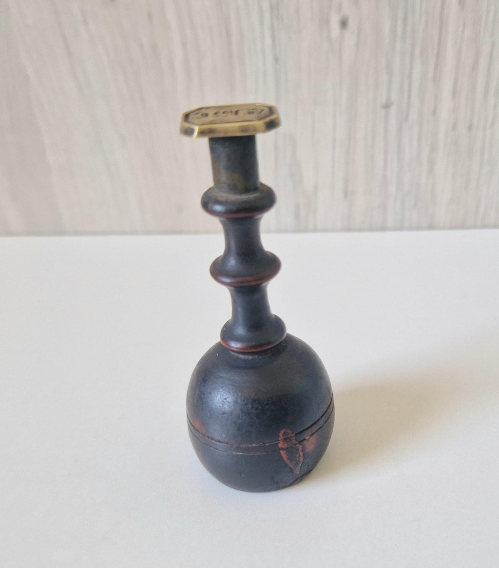 Antique Georgian Turned Fruitwood Treen & Brass Wax Seal Stamp Initials 'JWB'