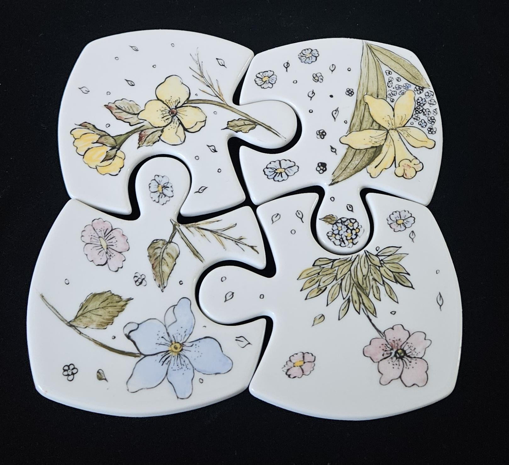Vintage French Floral Ceramic Coasters: Jigsaw Puzzle Trivet