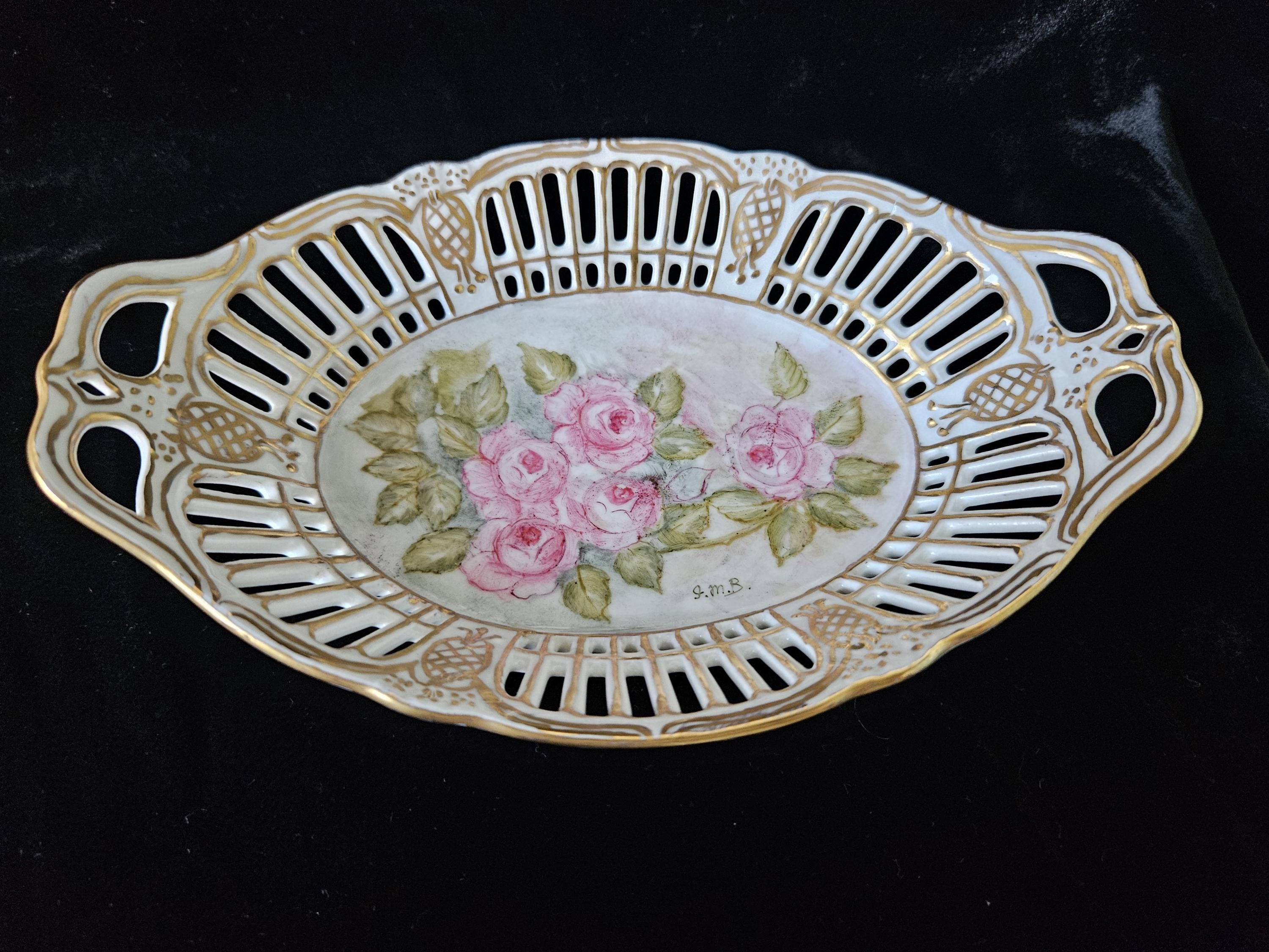 German Porcelain Lattice Dish Handpainted Roses Trinket Dish Vintage
