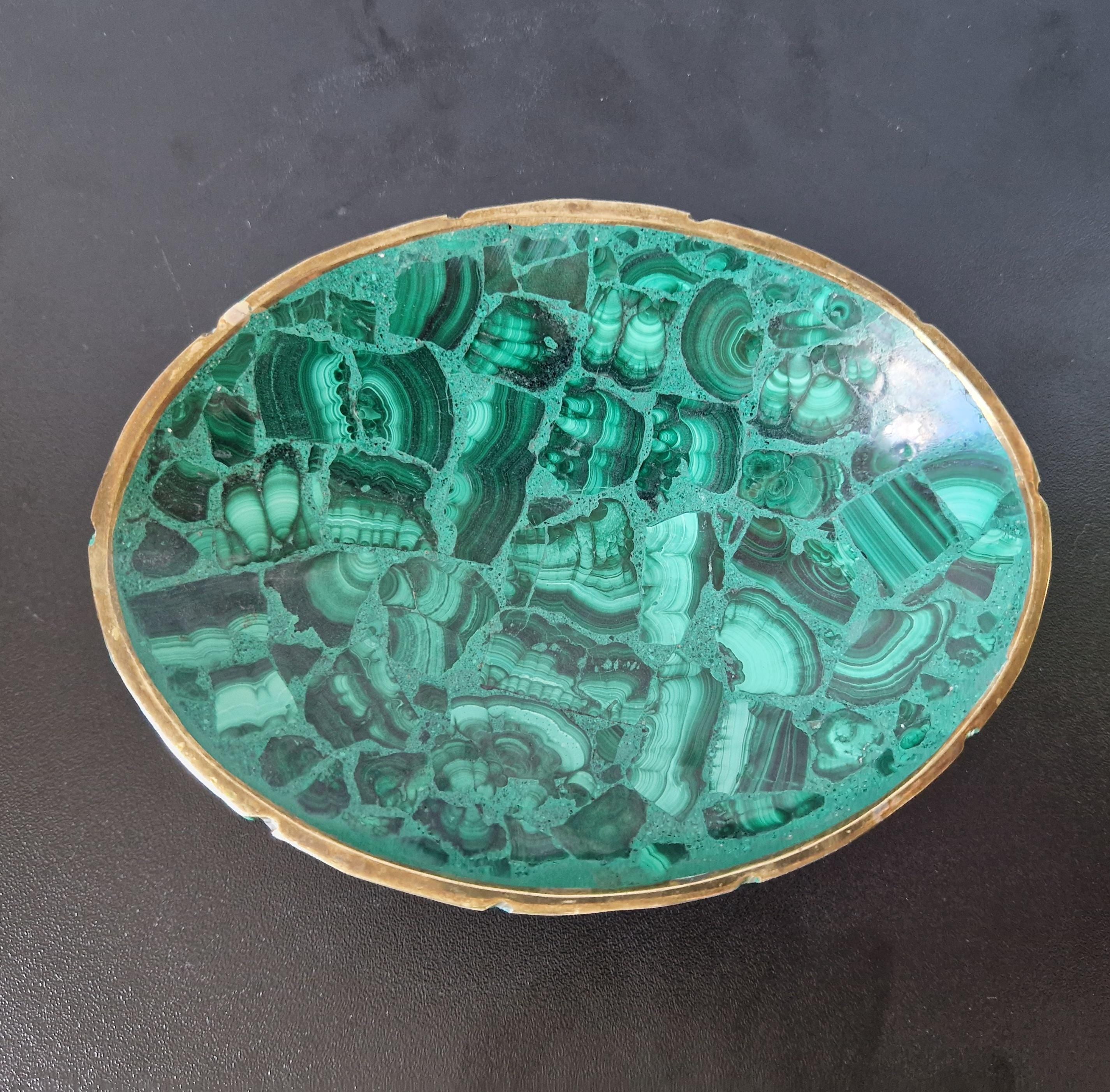Fine Midcentury Malachite & Brass Oval Vide Poche Catch-All Decorative Bowl