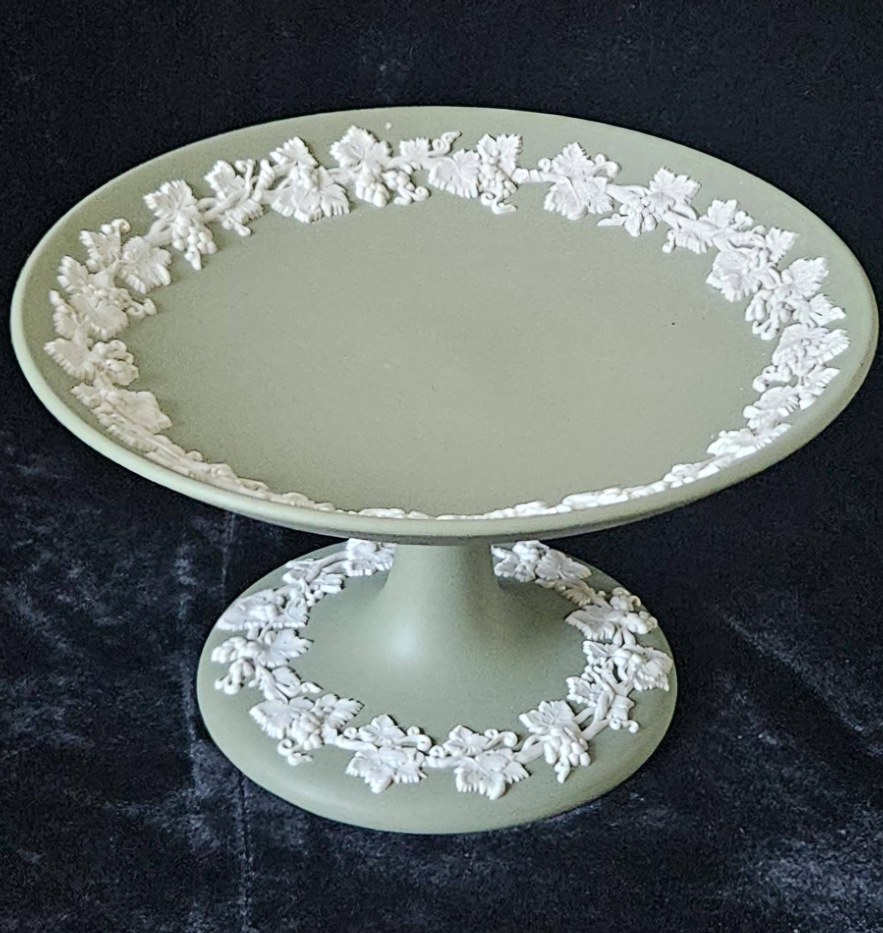 Vintage Wedgwood Sage Green Jasperware Pedestal Compote - Made in England