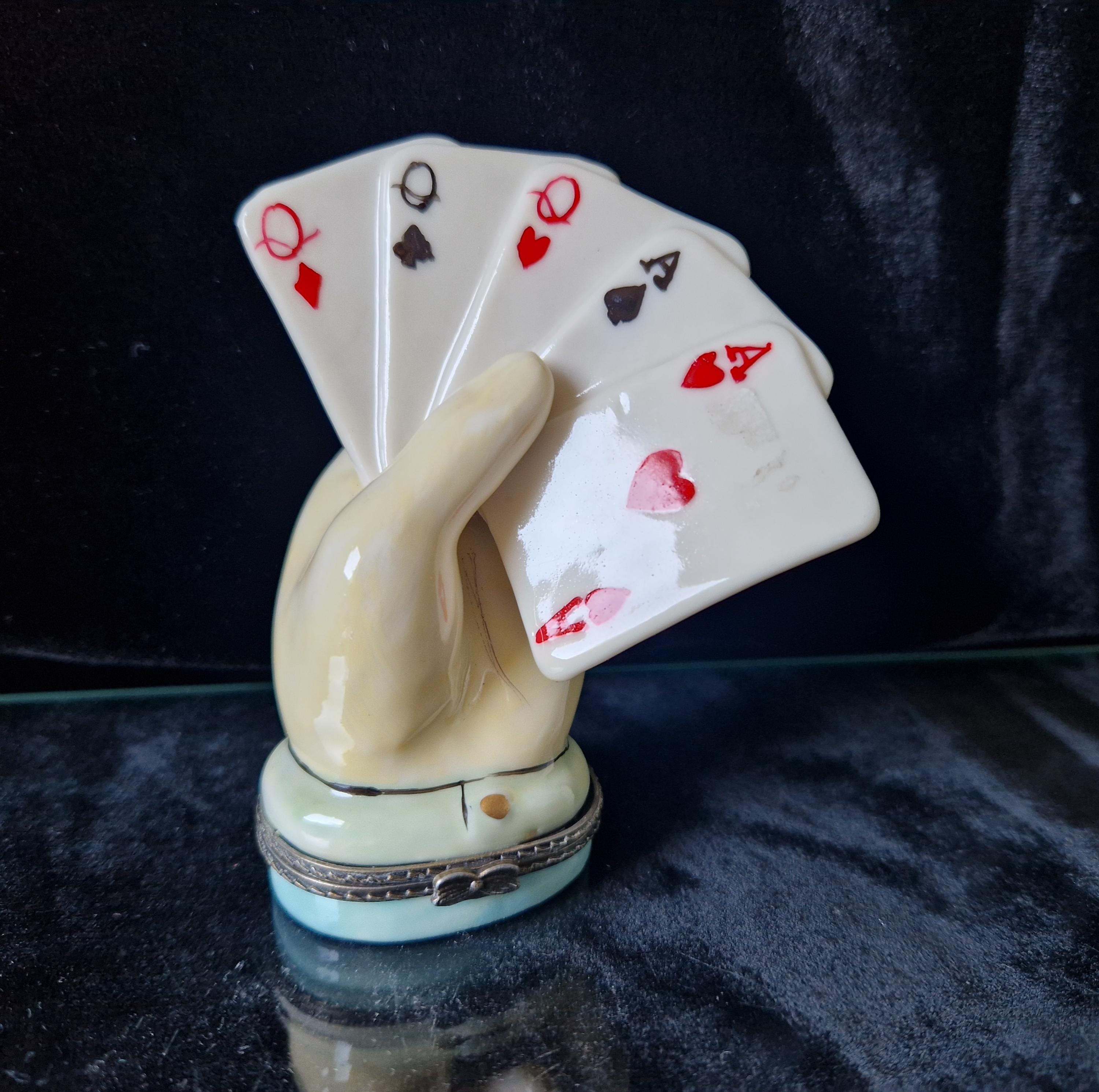 Vintage Rare Limoges Ceramic Poker Hand Full House Card Trinket Pill Box Casino