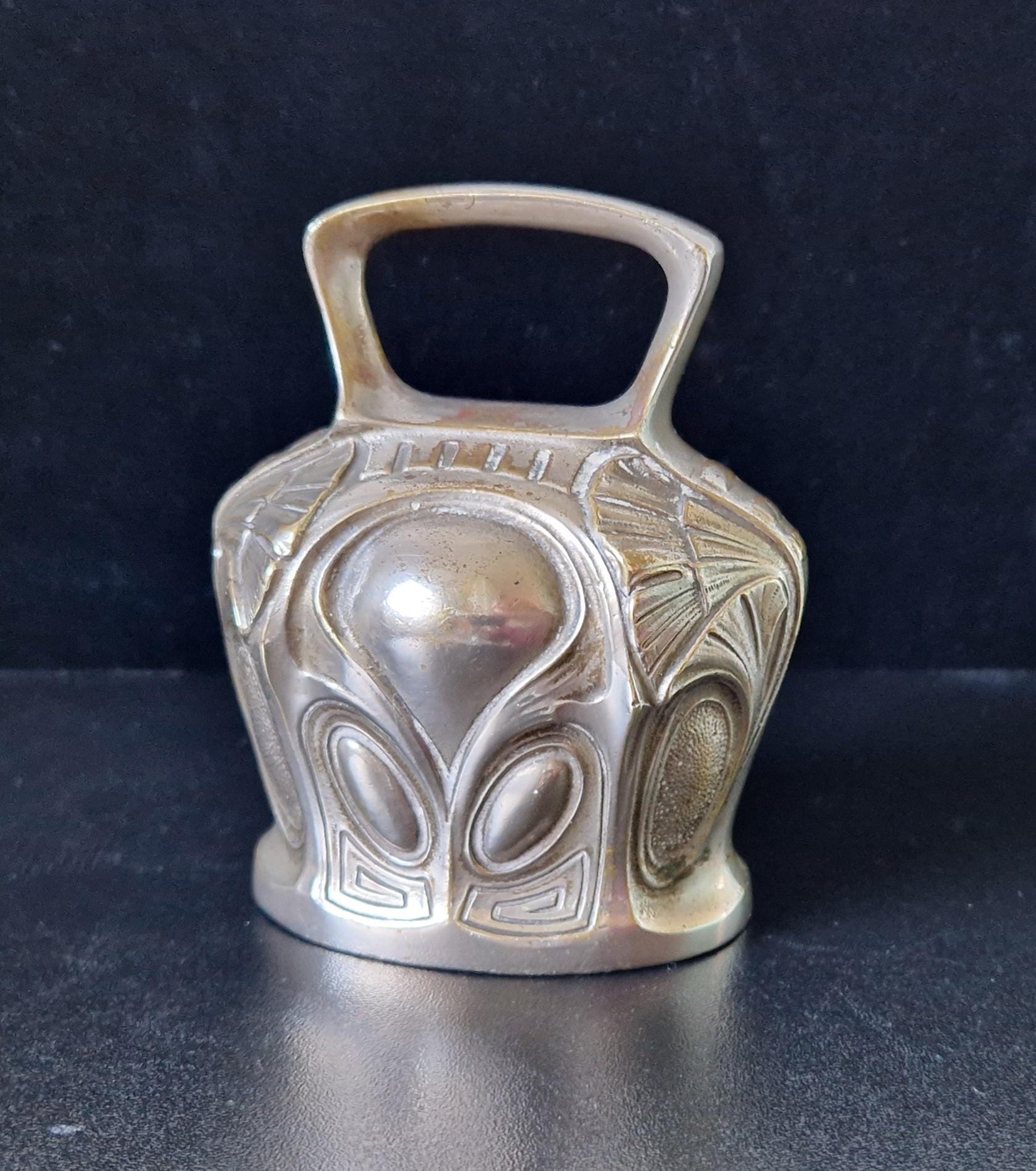 Antique Art Nouveau Silvered Bronze Large Ornate Decorated Table Bell