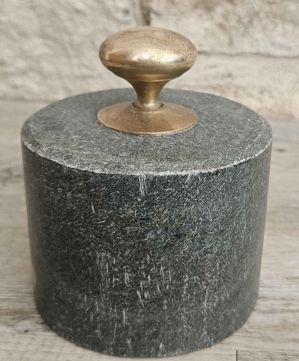Original Mcm Green Stone Door Stop with Brass Handle Rustic Midcentury Circular Doorstop