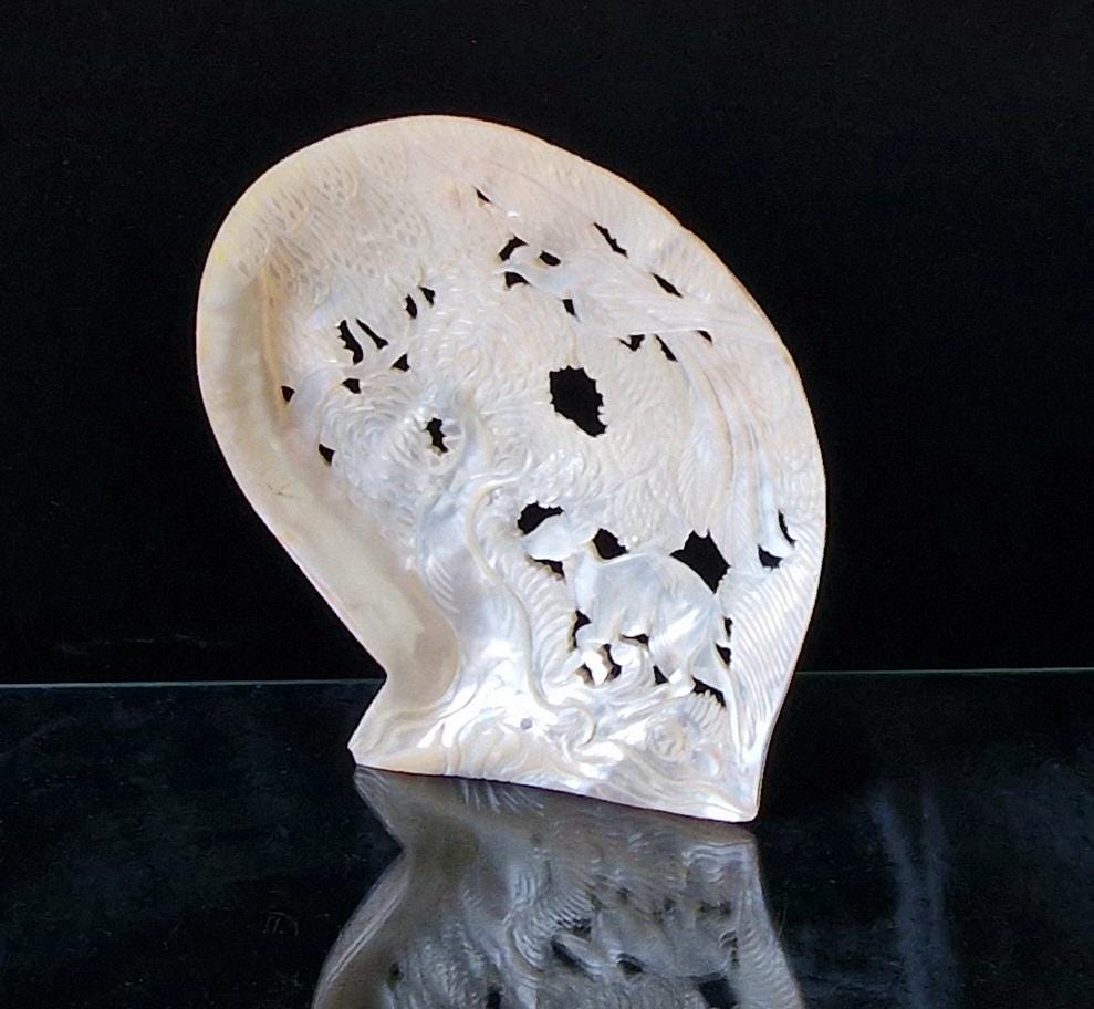 Vintage Chinese Carved Large Mother Of Pearl Shell Animal Birds Forest Scene