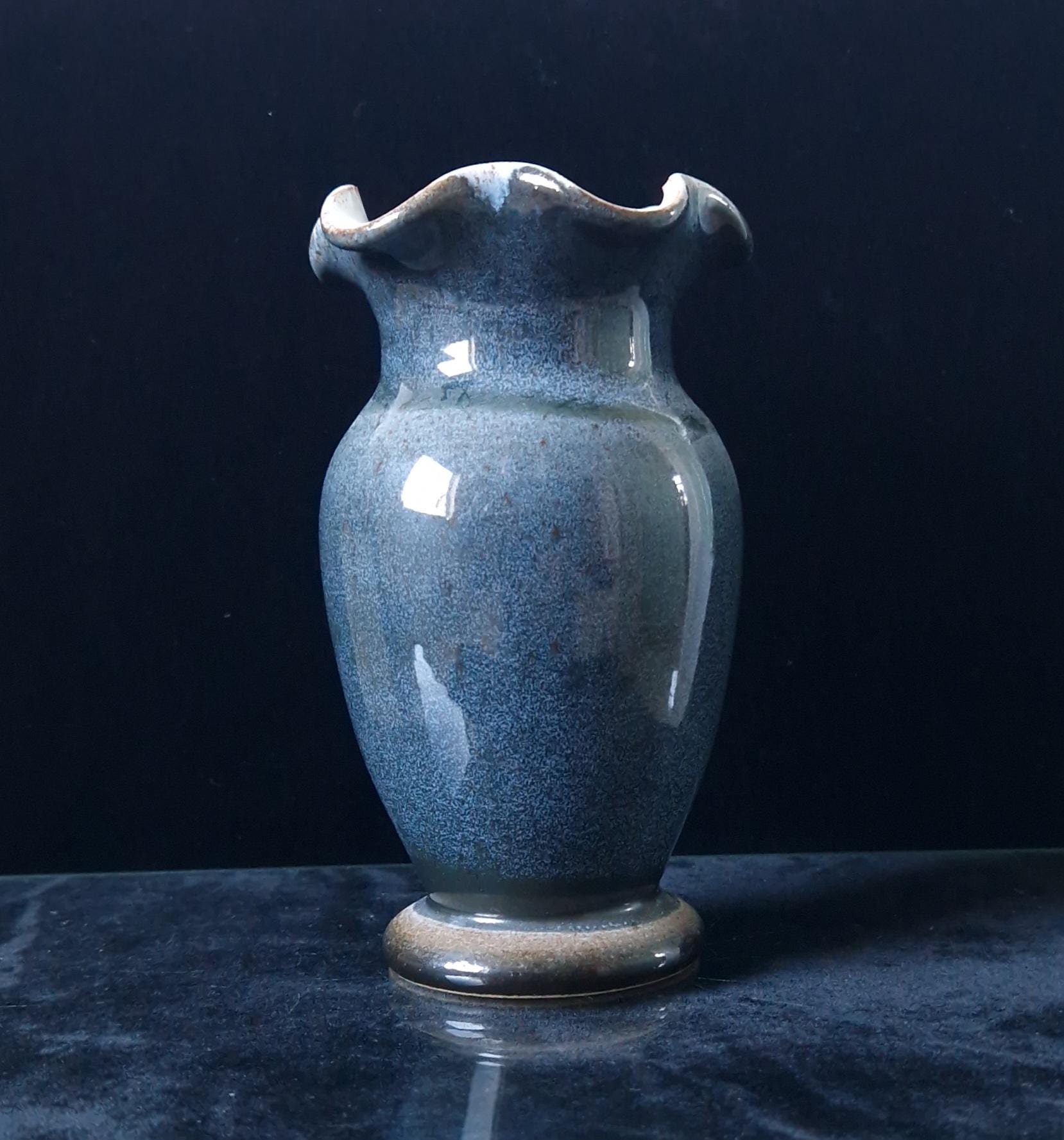 Vintage Blue Grey Glaze Frilled Rim Studio Art Pottery Vase 14.5cm