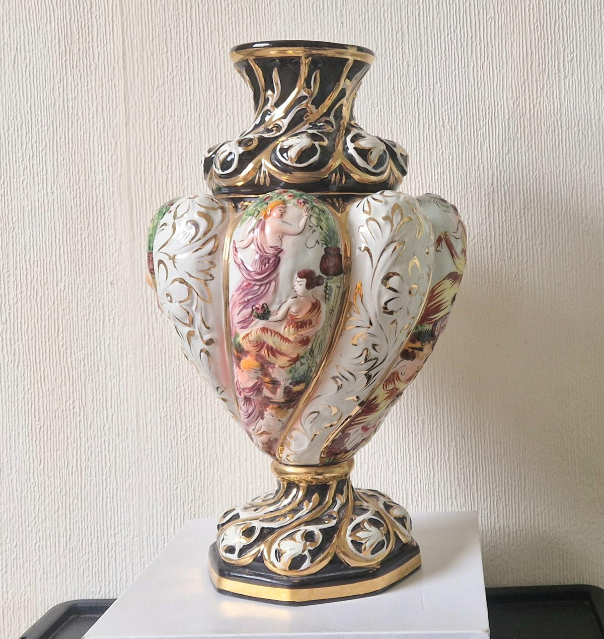 Vintage Italian Majolica Vase: Large Handpainted Figural Ceramic, 40cm Tall