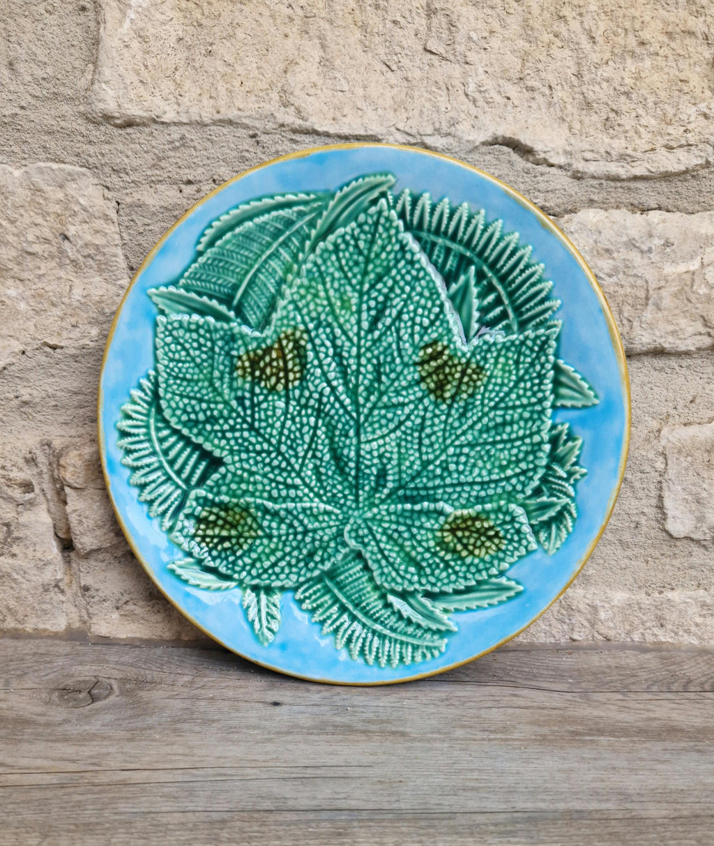 Art Nouveau Majolica Pottery Plate With Leaf & Fern Design Light Blue Ground Double "J" Mark 22cm