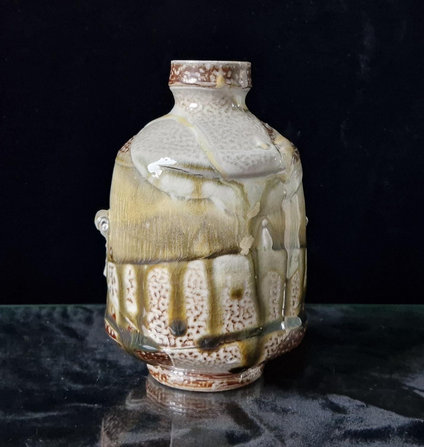 Shino Glaze Saki Set Oribe Ware Tokkuri Flask & Yunomi Cups