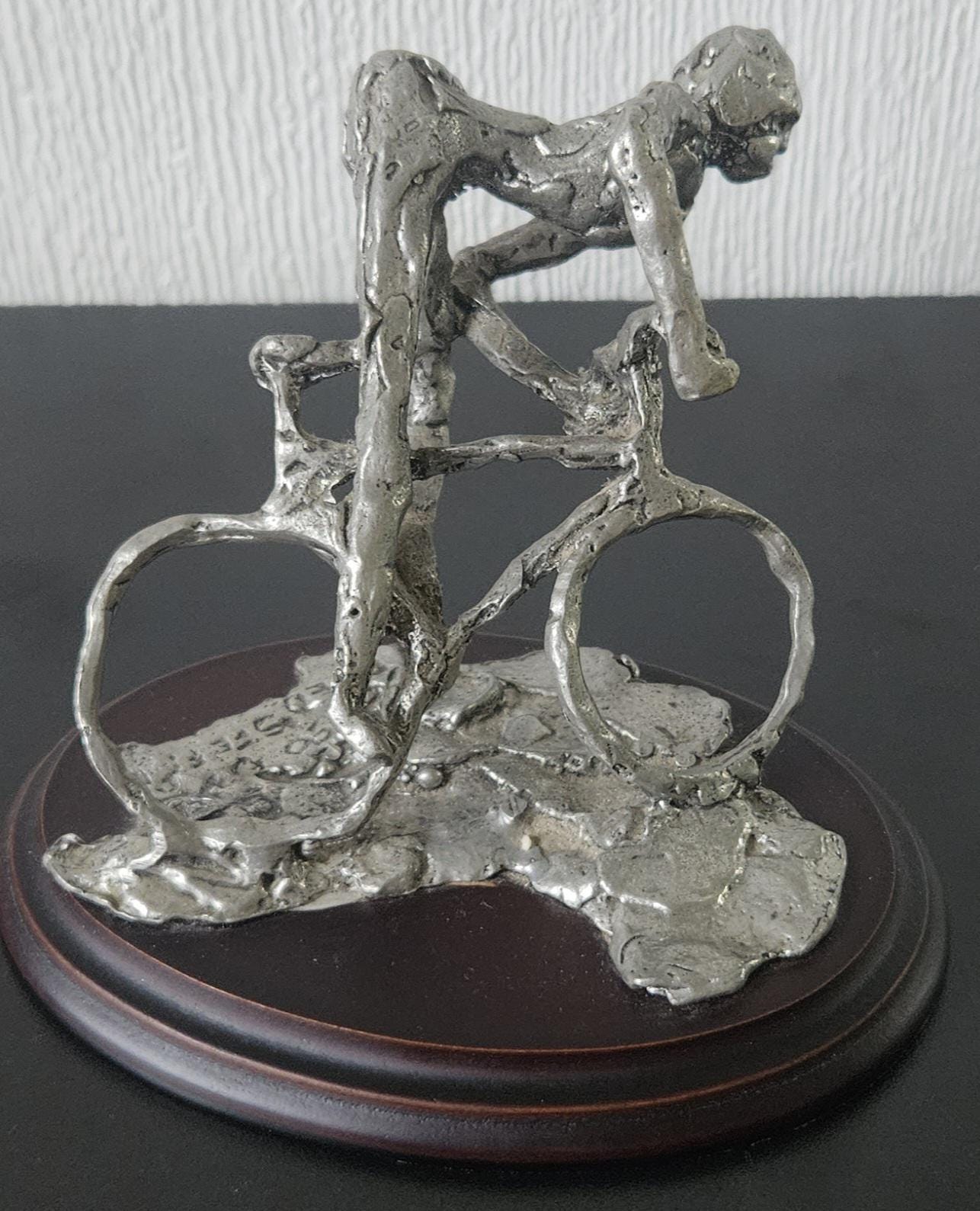 Vintage Pewter Biker Cyclist Sculpture Figure On Plinth Signed Handcrafted 1990s