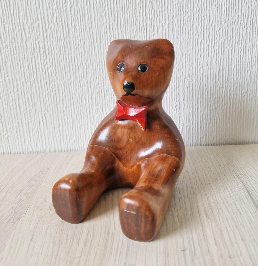 Vintage Stylised Carved Plum Wood Teddy Bear Figure 14cm