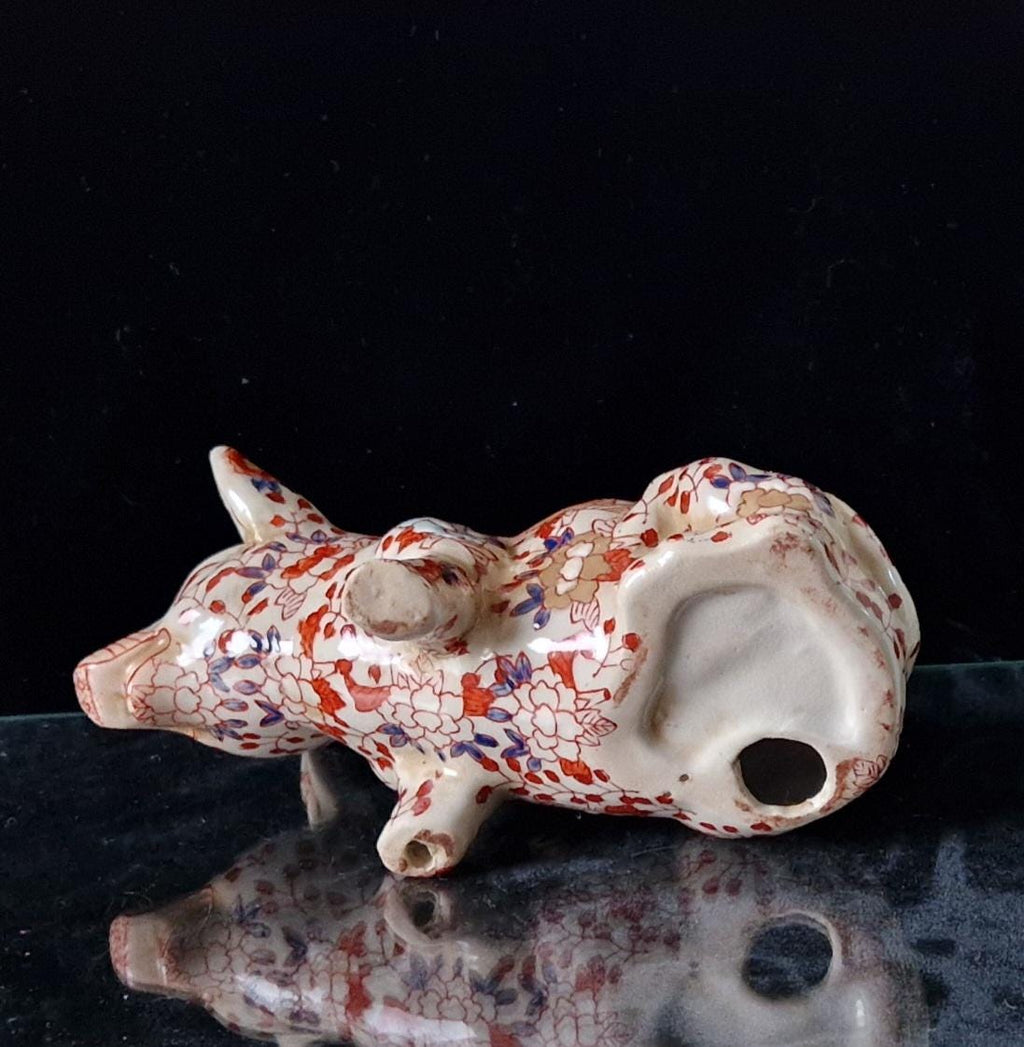 Imari Pattern Chinese Ceramic Floral Seated Pig Figure Ornament 18cm Antique