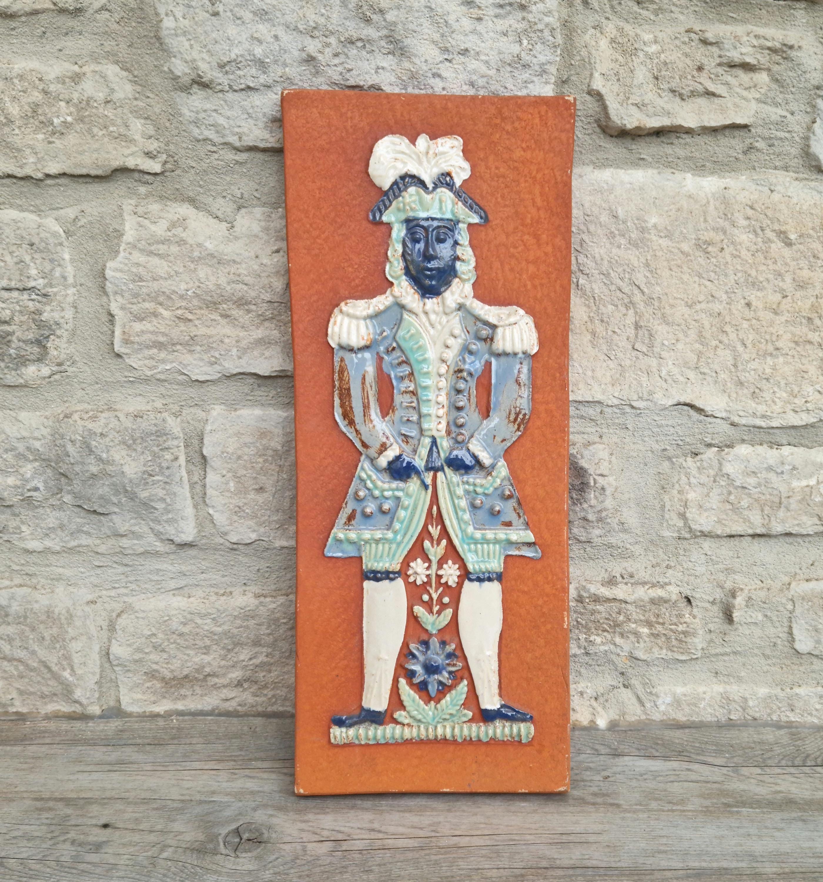 Mid-Century Art Wall Tile  Continental Figural Glazed Ceramic Large Plaque Vintage