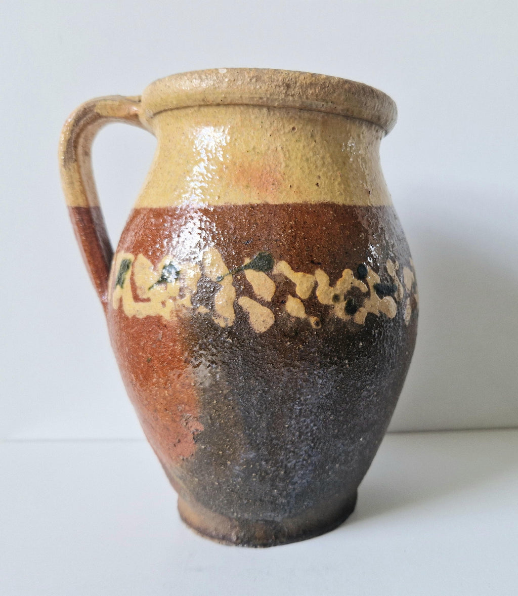 Antique Rustic Hungarian Decorated Glazed Earthenware Milk Pitcher Jug