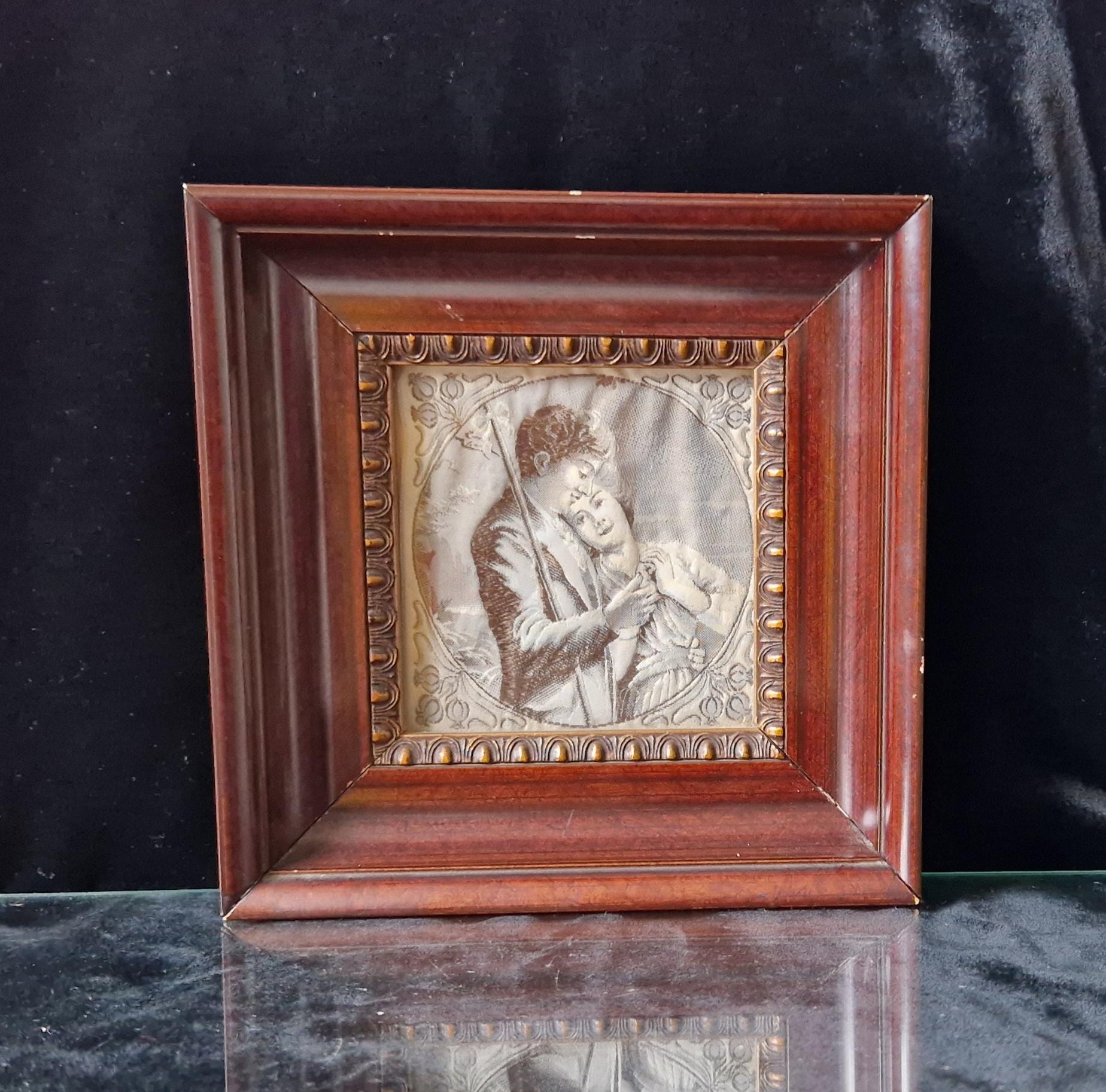 Fine Victorian Woven Silk Framed & Mounted Miniature Artwork 'Rural Lovers' Very Rare.