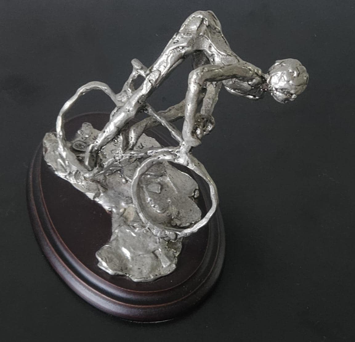 Vintage Pewter Biker Cyclist Sculpture Figure On Plinth Signed Handcrafted 1990s