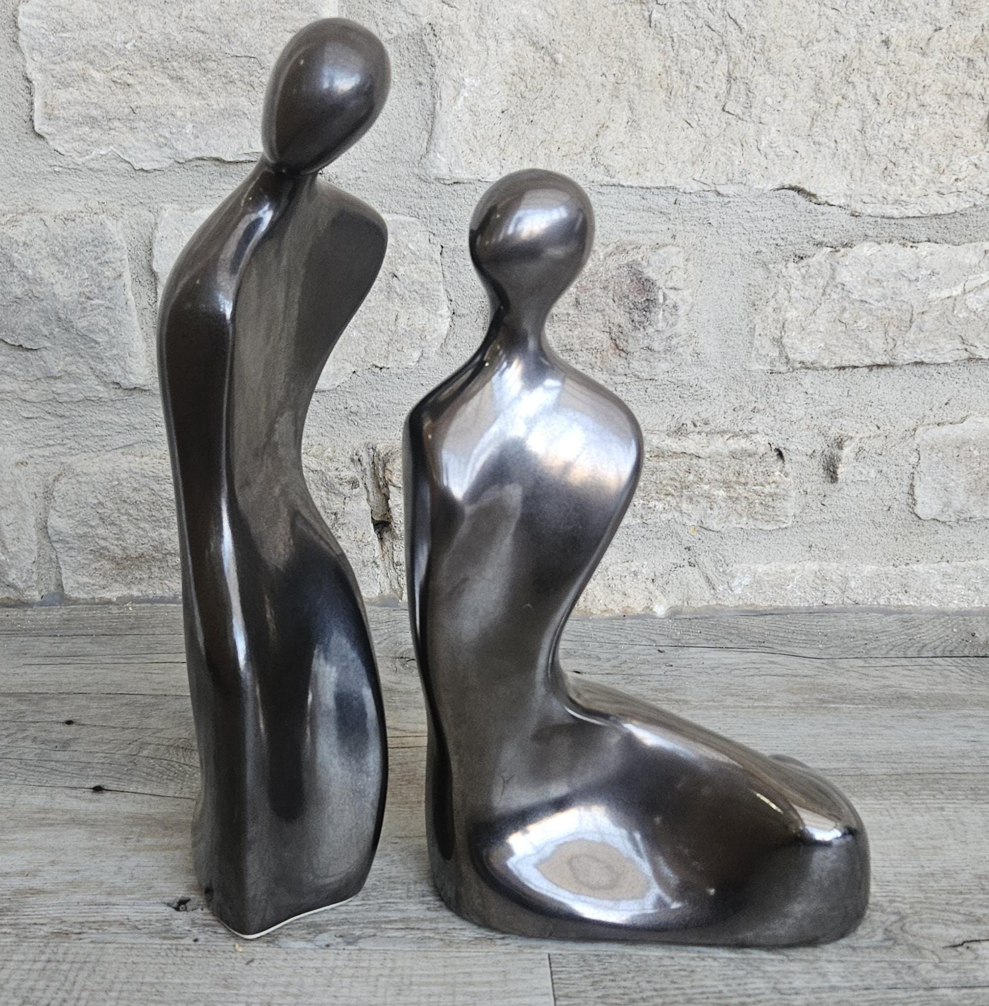 Vintage Tall Large Abstract Couple Figures Ceramic Metallic Finish 32 and 28cm Tall