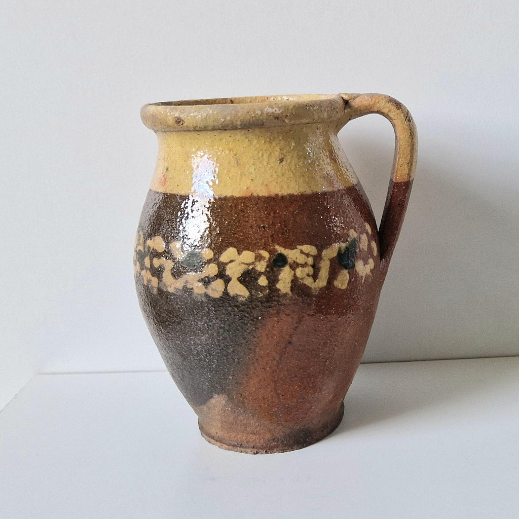 Antique Rustic Hungarian Decorated Glazed Earthenware Milk Pitcher Jug