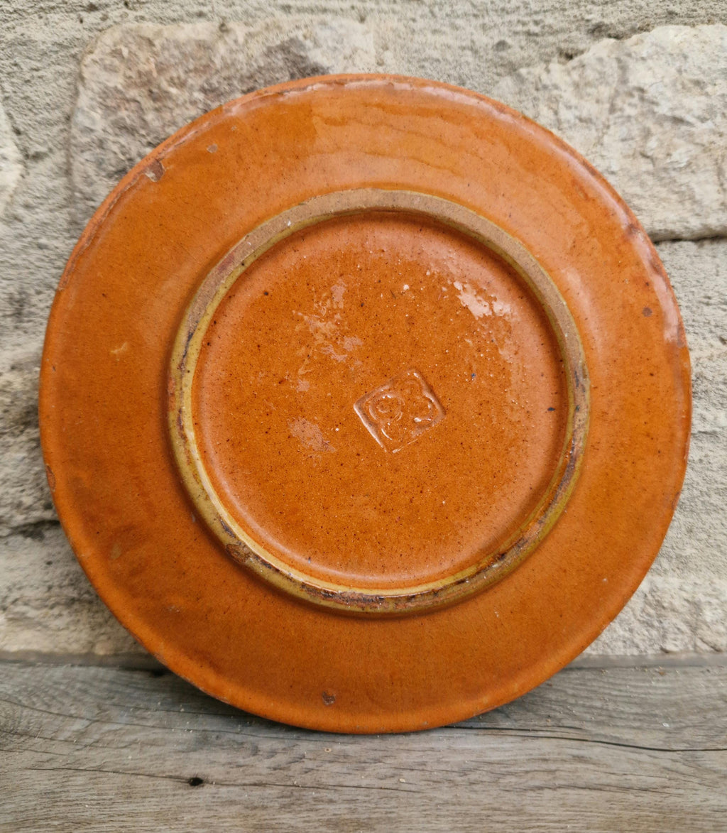 Vintage French Rustic BIOT Ceramic Double Cross Motif Dessert Plate