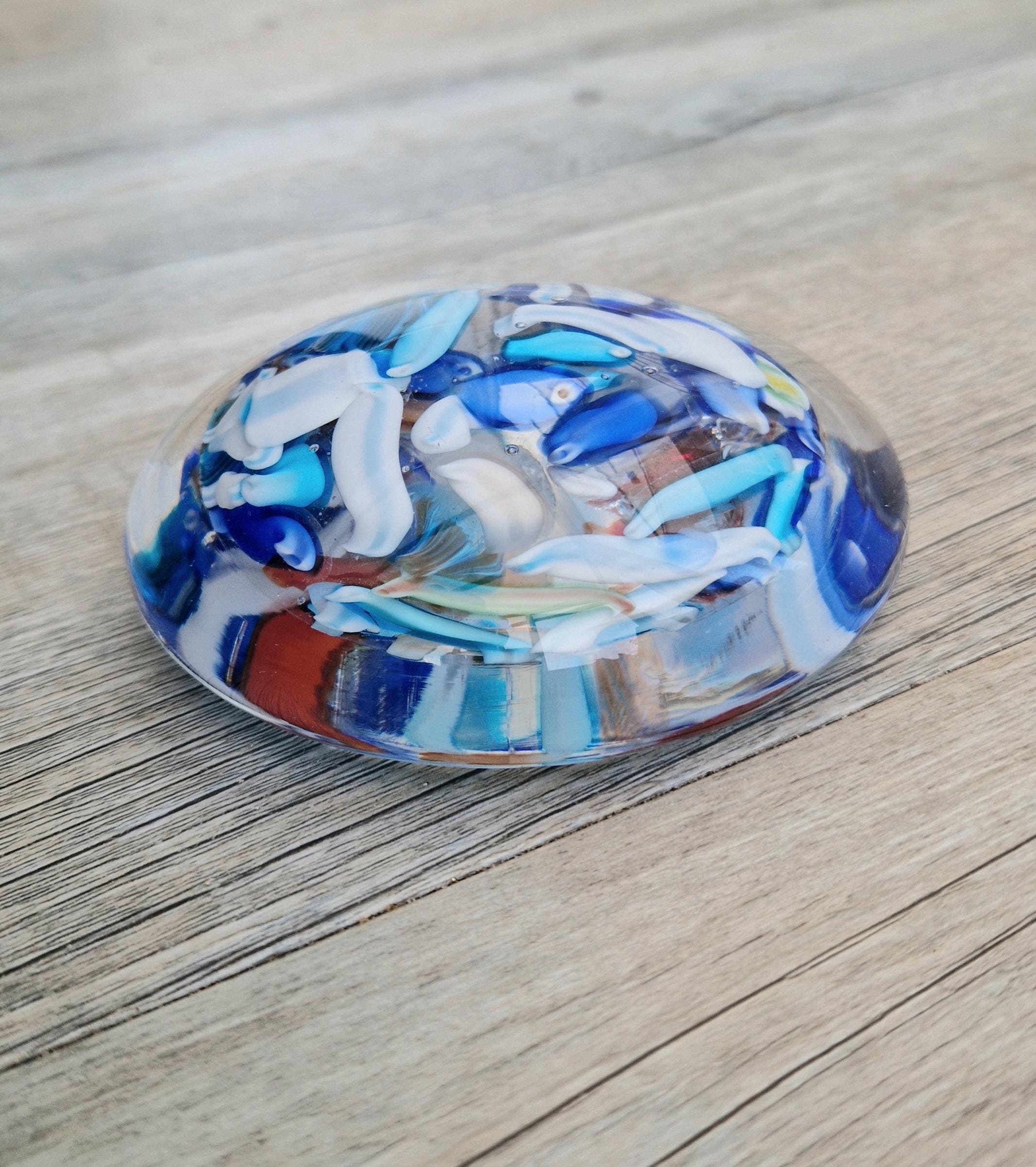 Large Murano Art Glass Stretched Blue Cane Disc Paperweight