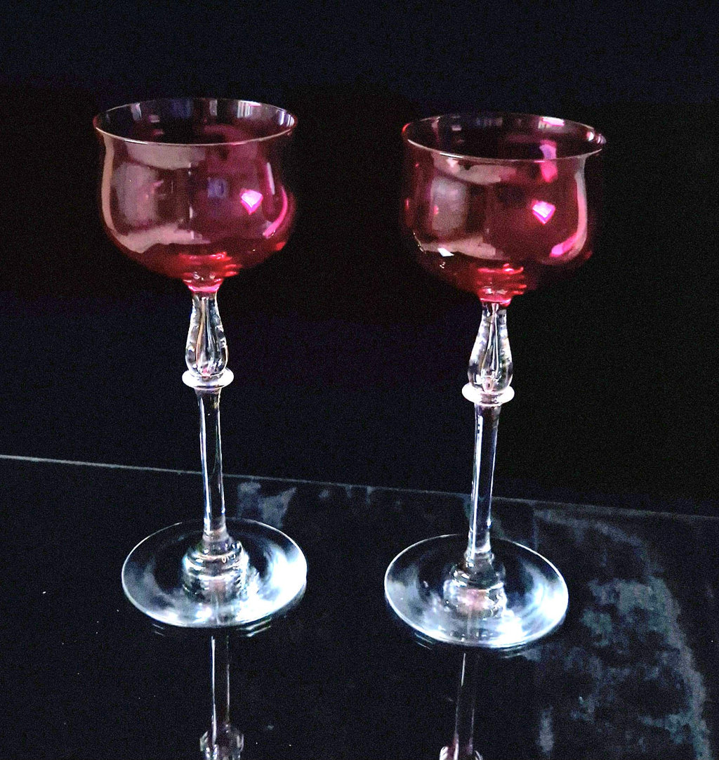 Art Nouveau Cranberry Wine Glasses: French 'Nancy' Airtear Stem, c.1910 (Set of 2)