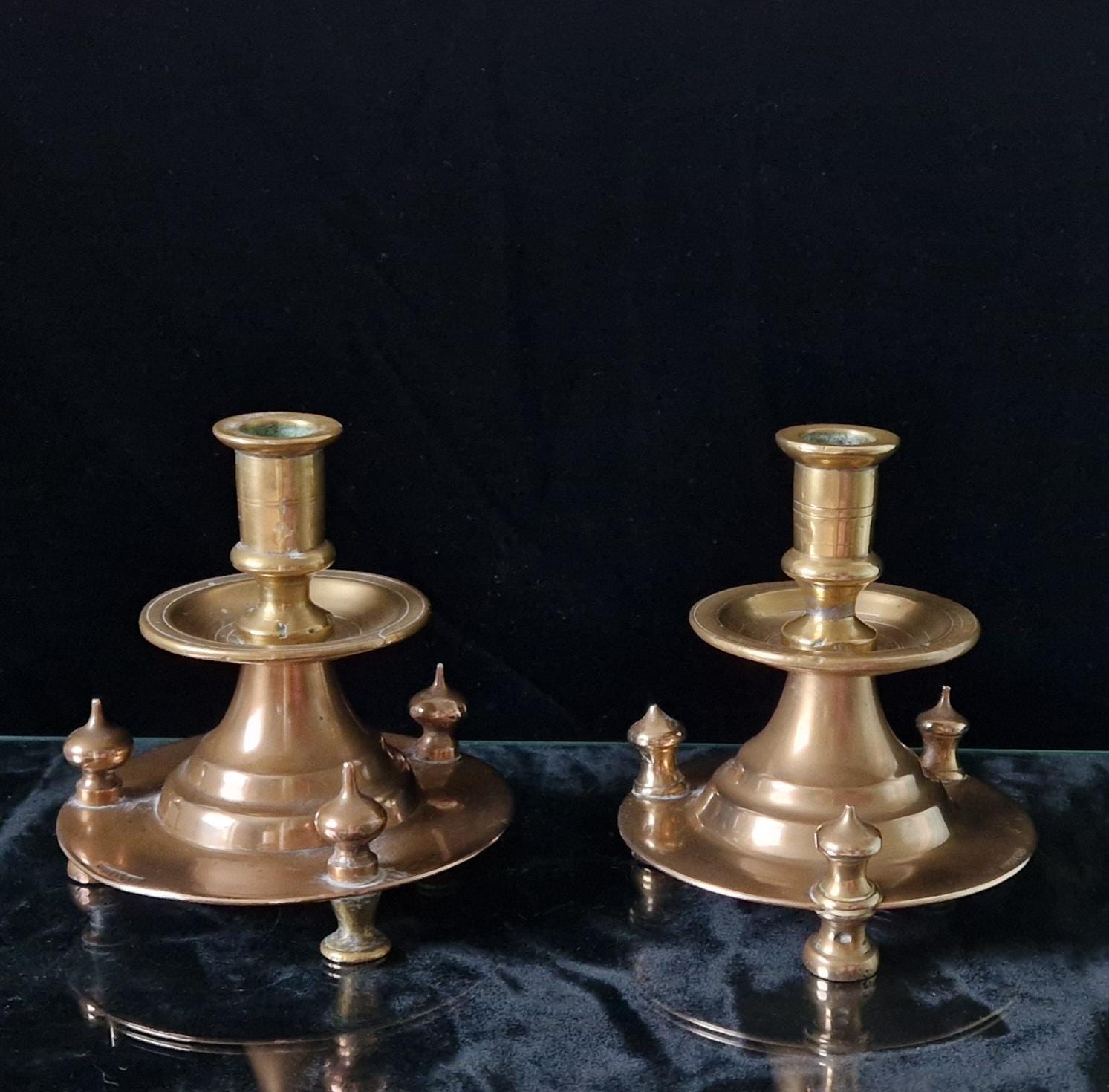 Pair of 19th Century Judin Signed Czarist Era Russian Bronzed Sabbath Bun Footed Capstan Candle Holders.