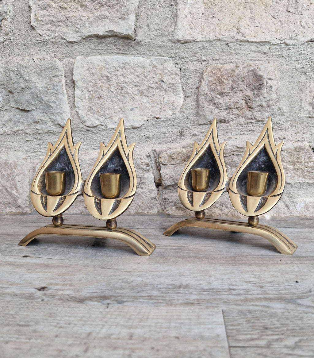 A Pair of Vintage Judaica Sabbath Double Flame Brass Candlestick Holders by Hen-Holon