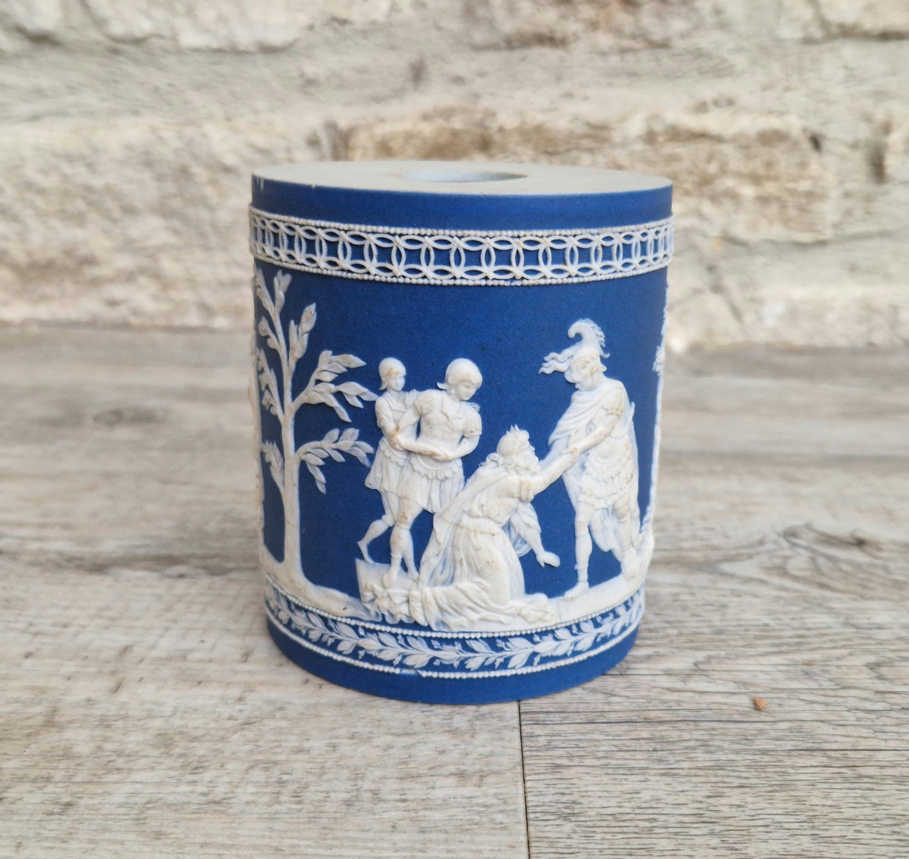 Antique Late 18th-Early 19th C. William Adams Jasperware Neoclassical Blue Sprigged Drum Vase Base