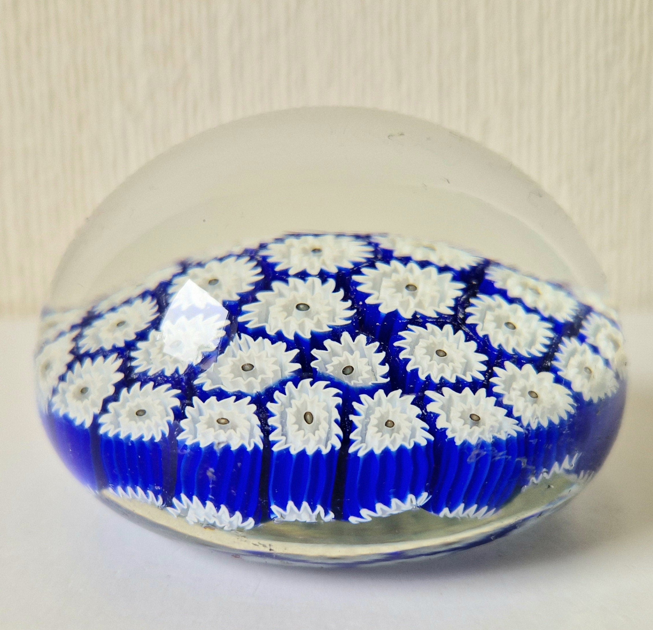 ALT Studio Murano Glass Deep Blue & White Star Flower Millifiore Paperweight