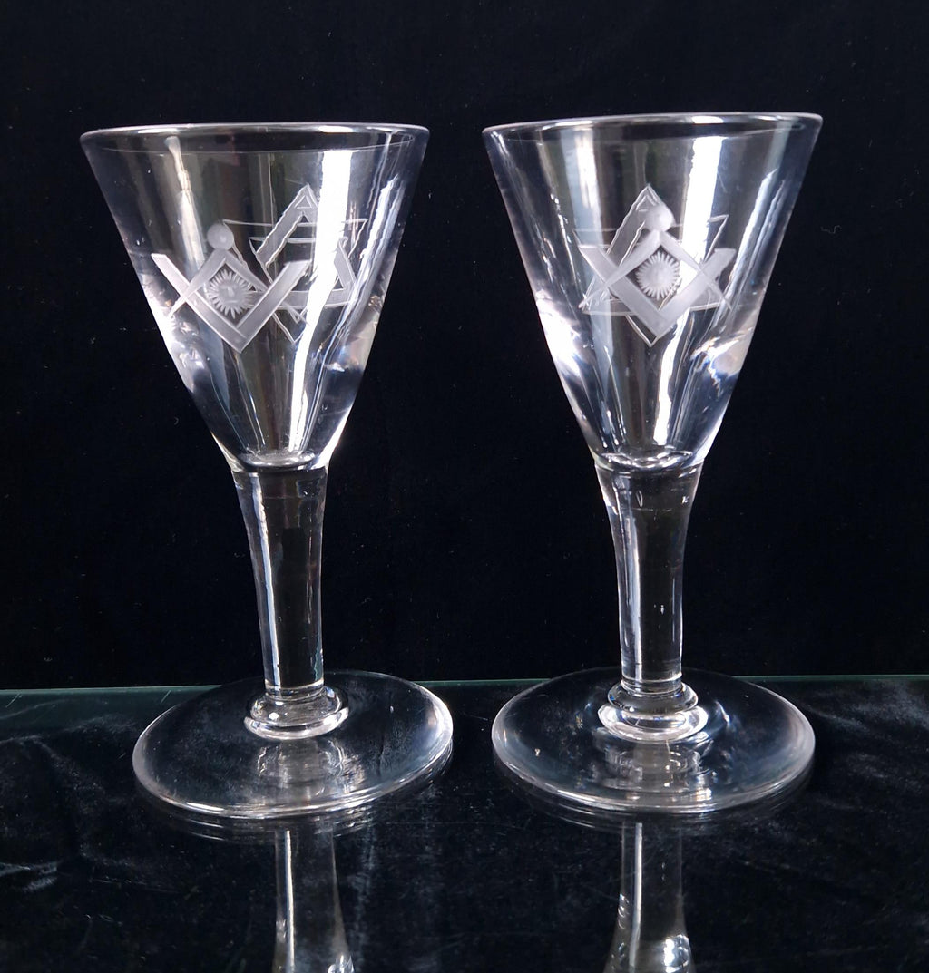 Antique Masonic Port Wine Glasses: 19th Century Engraved Crystal Pair