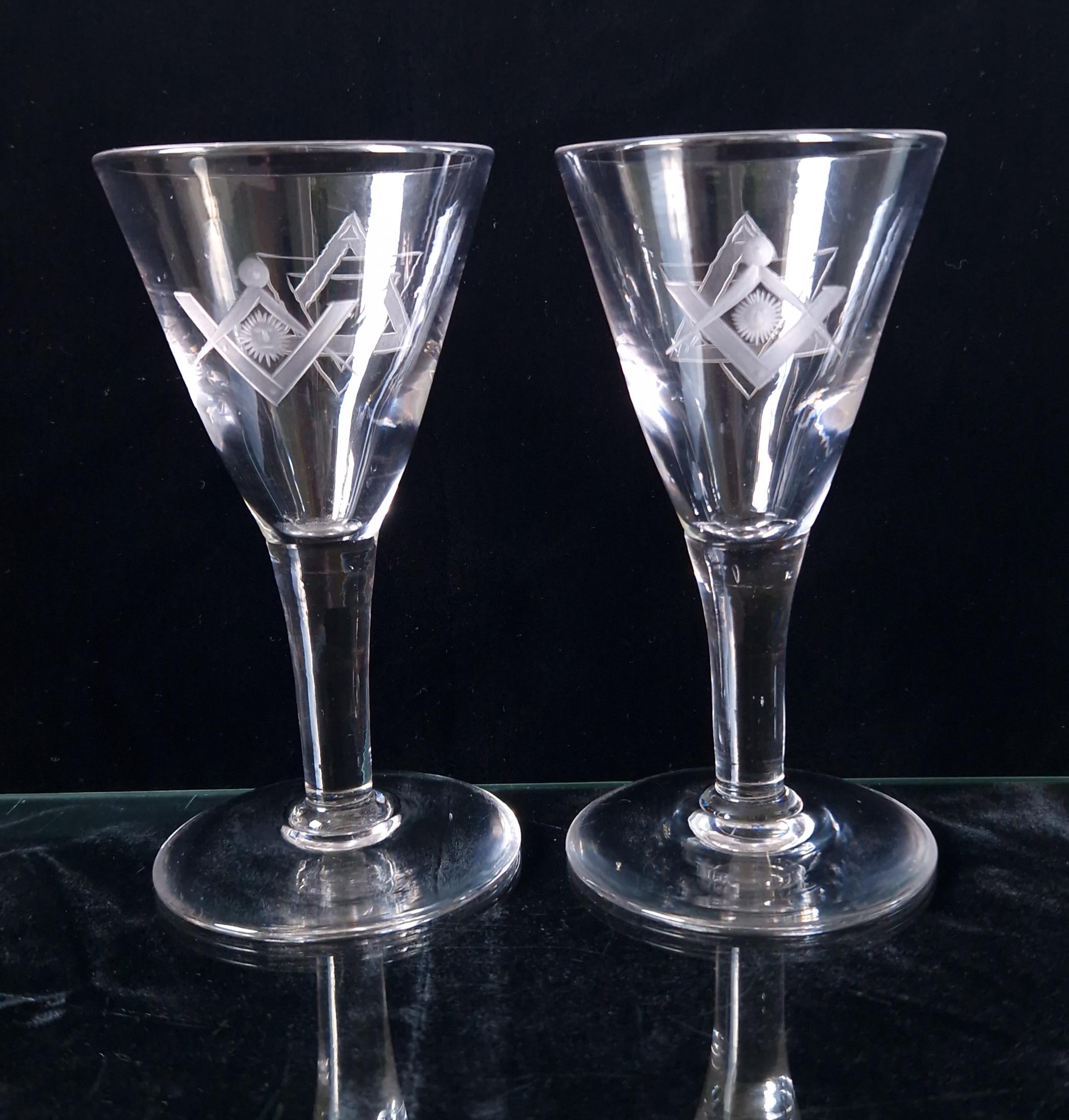 Antique Masonic Port Wine Glasses: 19th Century Engraved Crystal Pair