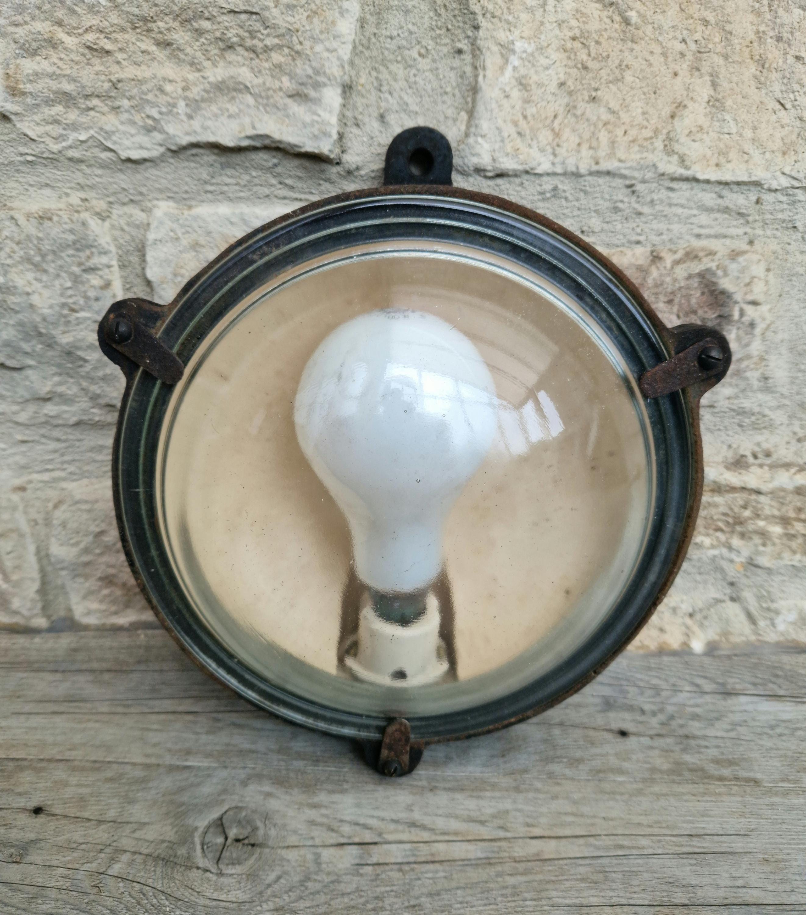 Vintage Industrial Marine Bulkhead Wall Light Cast Iron Round Fixture
