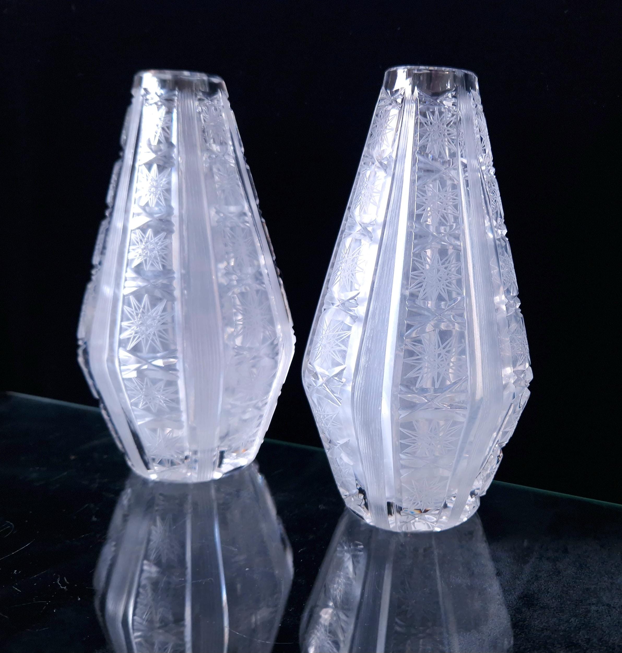 Antique Bohemian Crystal Vases: Queen Anne Lace Cut, Pair