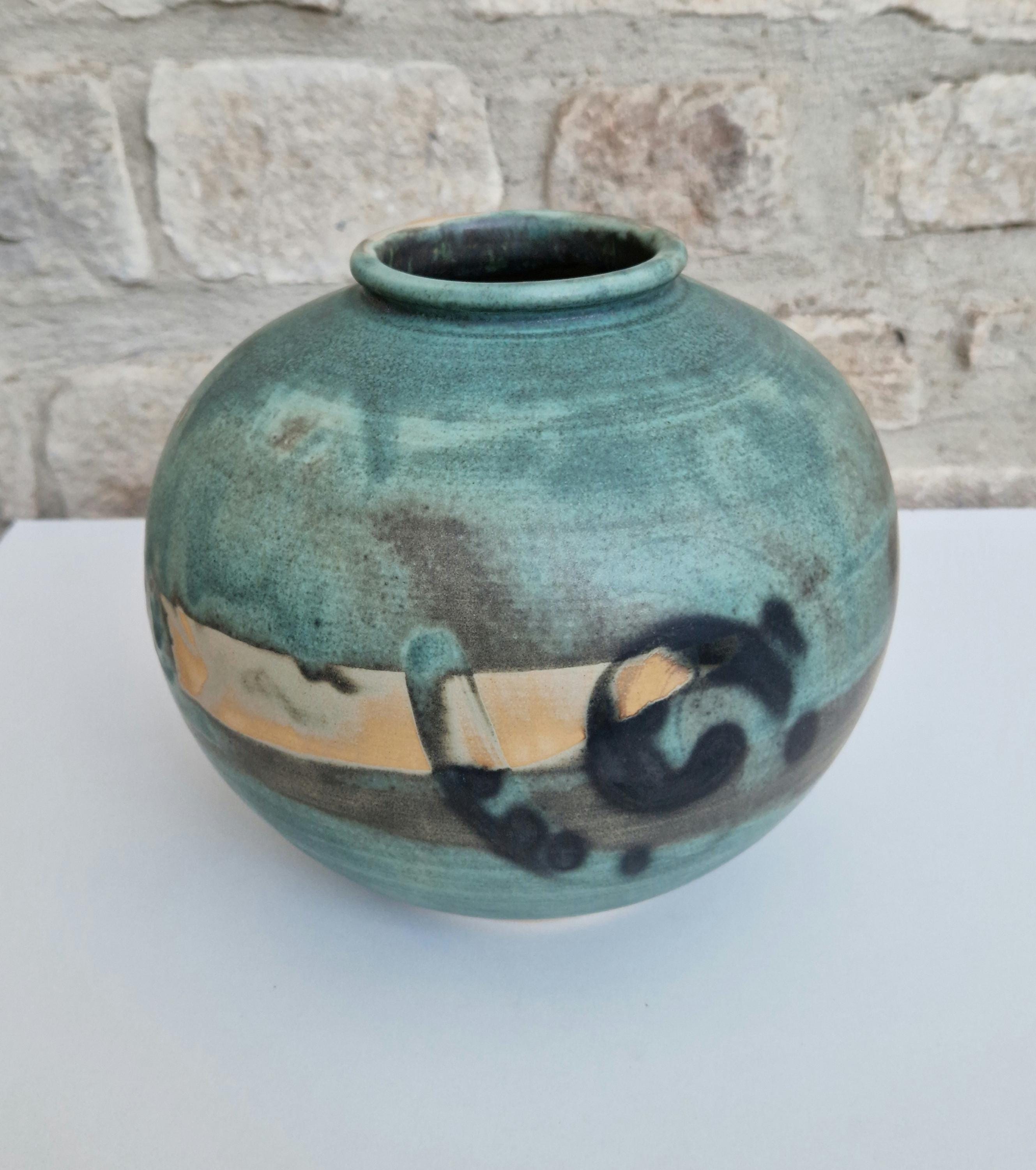 Large Vintage Raku Studio Art Pottery Aqua Glaze Globe Vase Signed