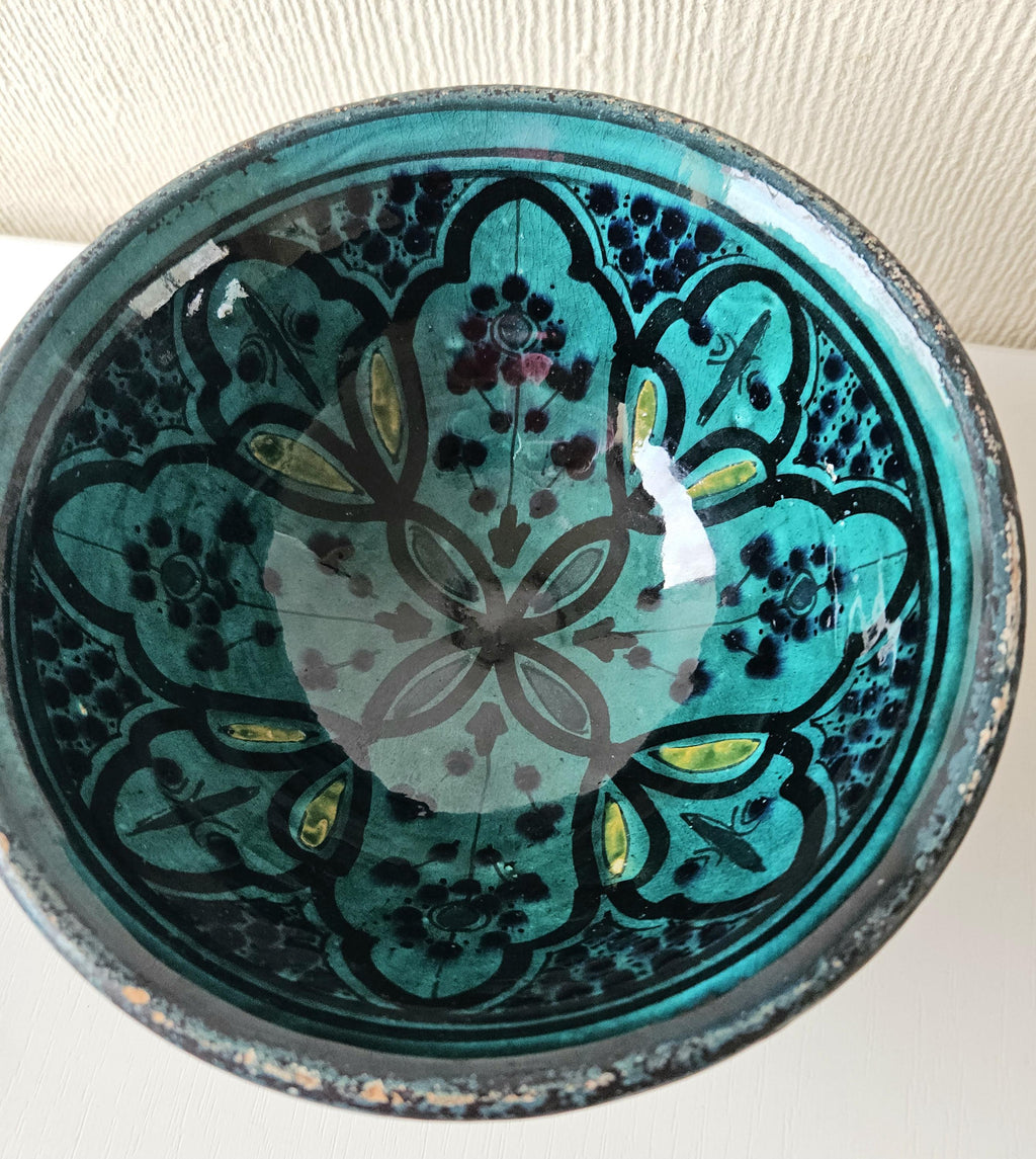 Vintage SAFI, Morocco: Earthenware Footed Bowl turquoise Patterned Signed