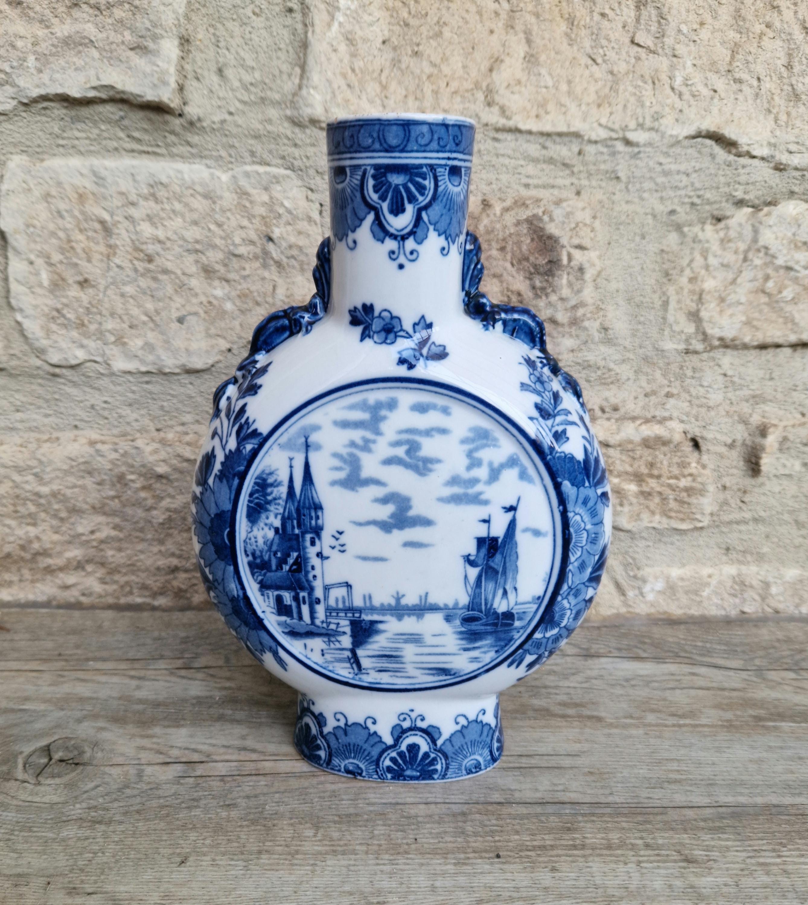 Vintage Dutch Delft Pottery Blue & White Moon Flask Vase River Scene 23cm