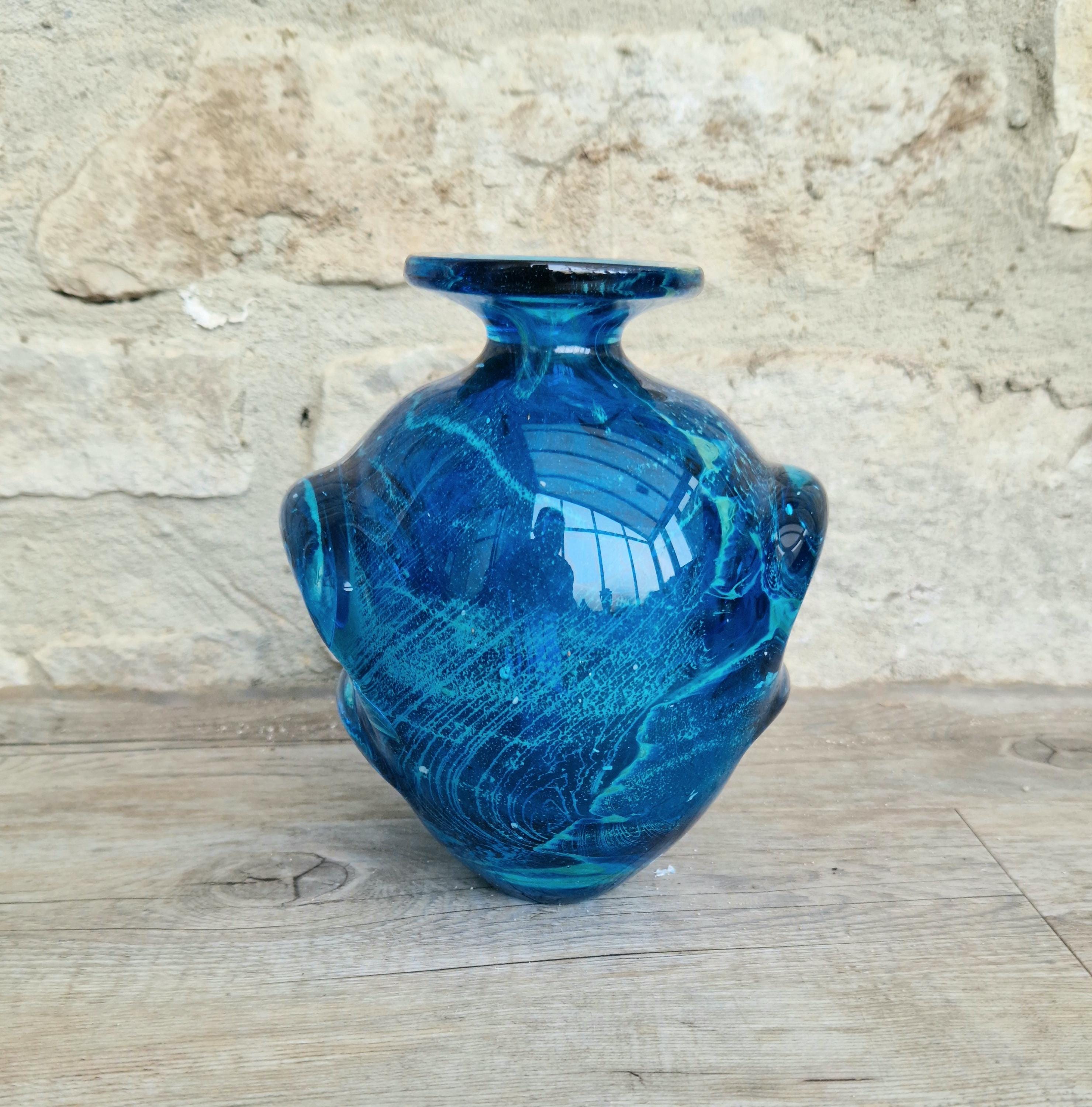 Vintage 1970s Blue Art Glass Vase Turquoise Sea Sand 15cm Tall Mdina Malta Ornate Art Glass Vase 1.308 Grams
