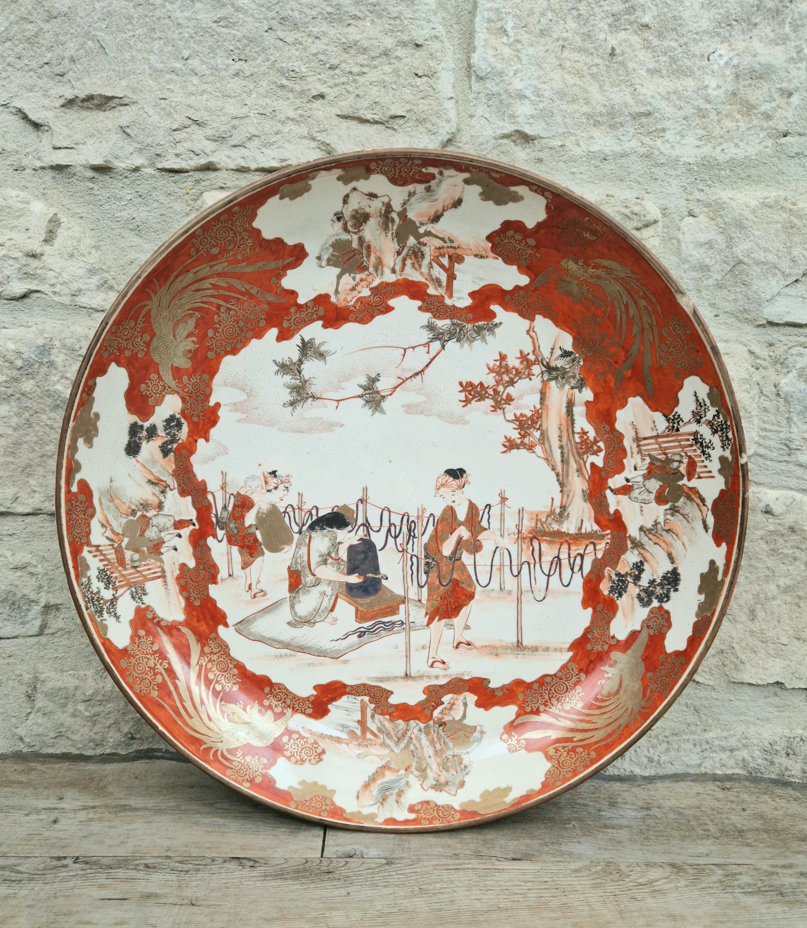 Antique Japanese Kutani Ware Meiji Period Porcelain Large Charger Iron Red Glaze With Gilt Accents 38cm